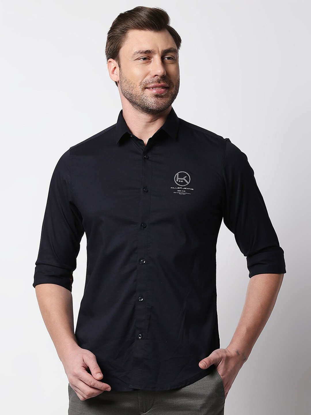 

Killer Spread Collar Opaque Cotton Casual Shirt, Navy blue