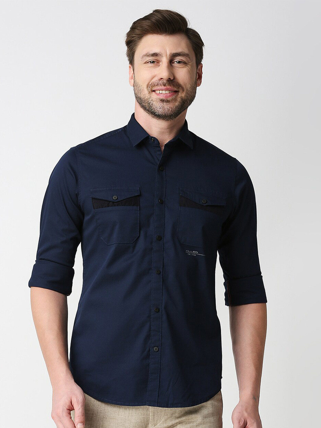 

Killer Spread Collar Opaque Cotton Casual Shirt, Navy blue