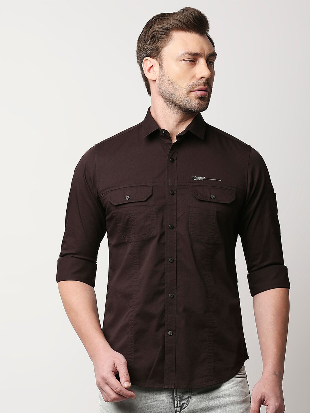 

Killer Spread Collar Opaque Casual Shirt, Brown