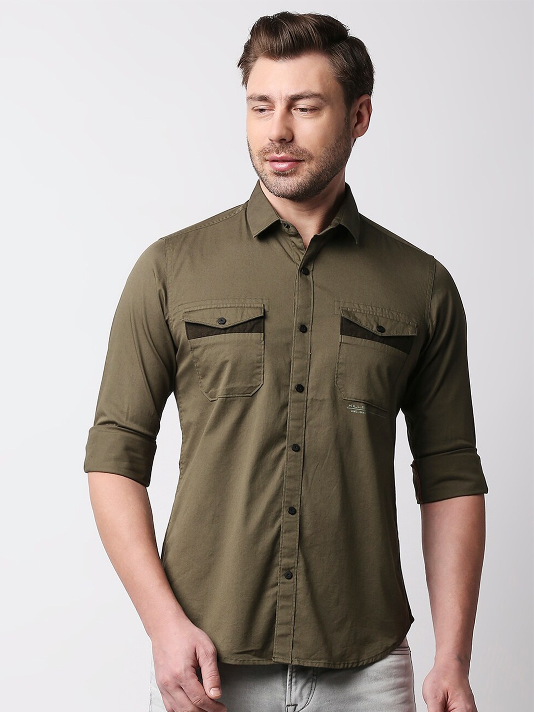

Killer Spread Collar Opaque Casual Shirt, Green