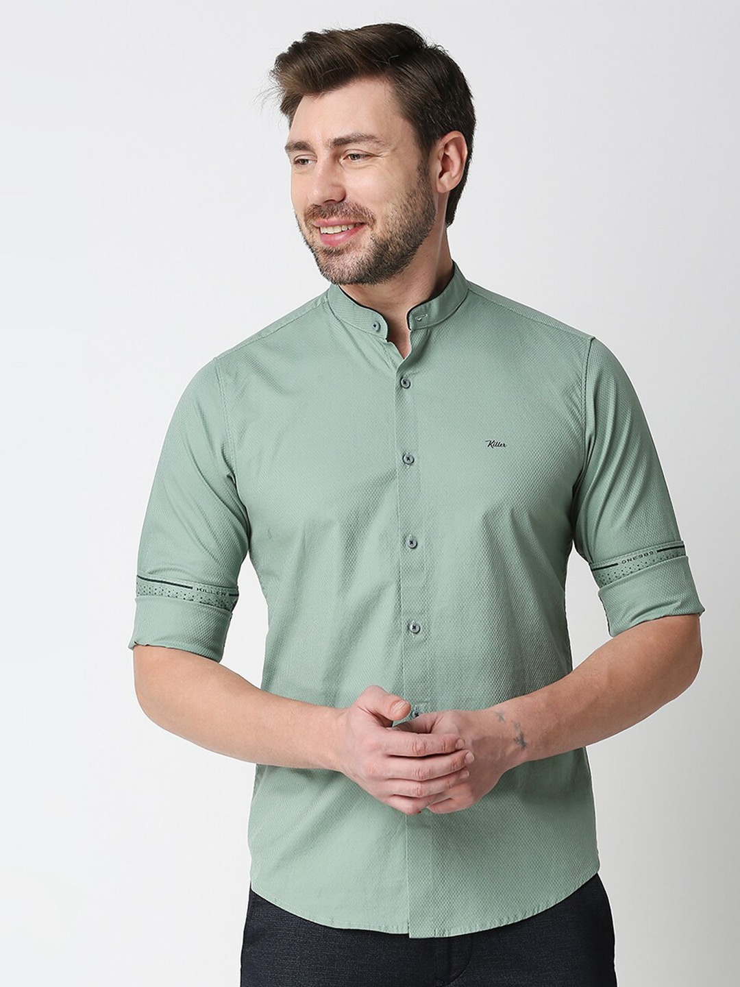 

Killer Mandarin Collar Opaque Casual Shirt, Green