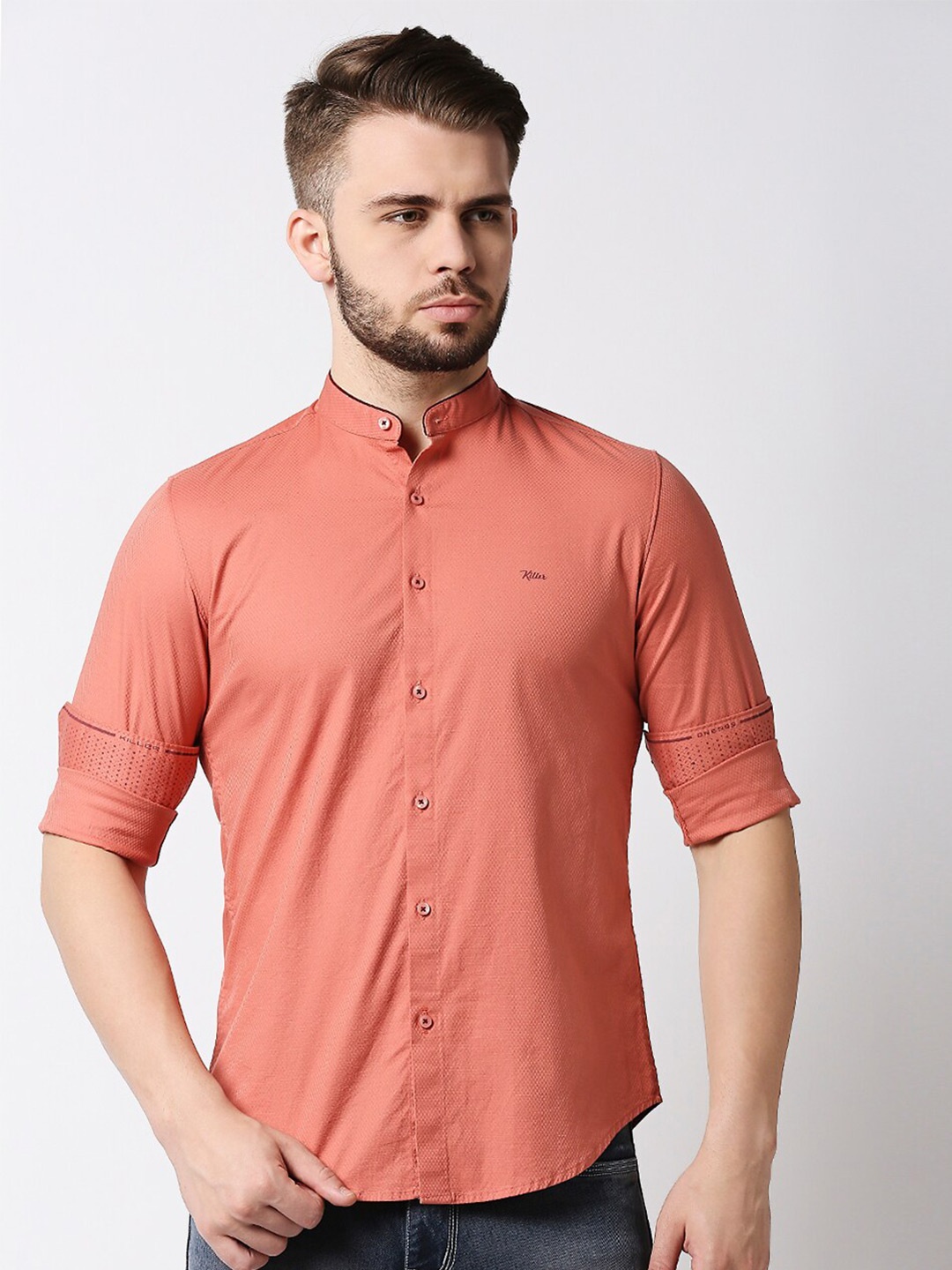 

Killer Mandarin CollarOpaque Casual Shirt, Peach