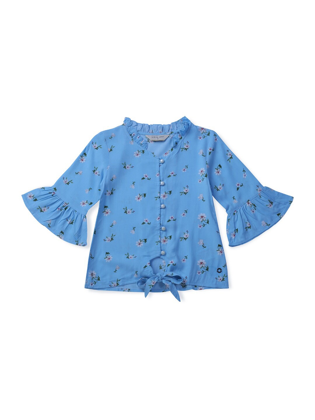 

Gini and Jony Girls Print Bell Sleeve Cotton Top, Blue