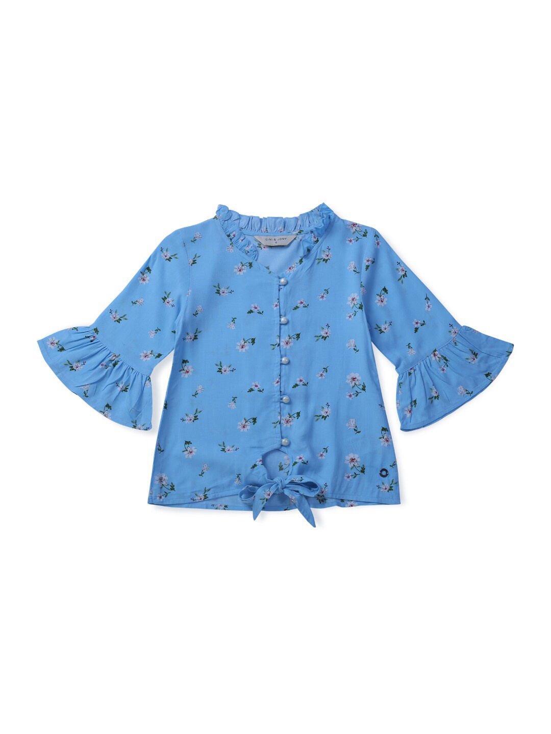 

Gini and Jony Infant Girls Floral Printed Bell Sleeve Cotton Top, Blue