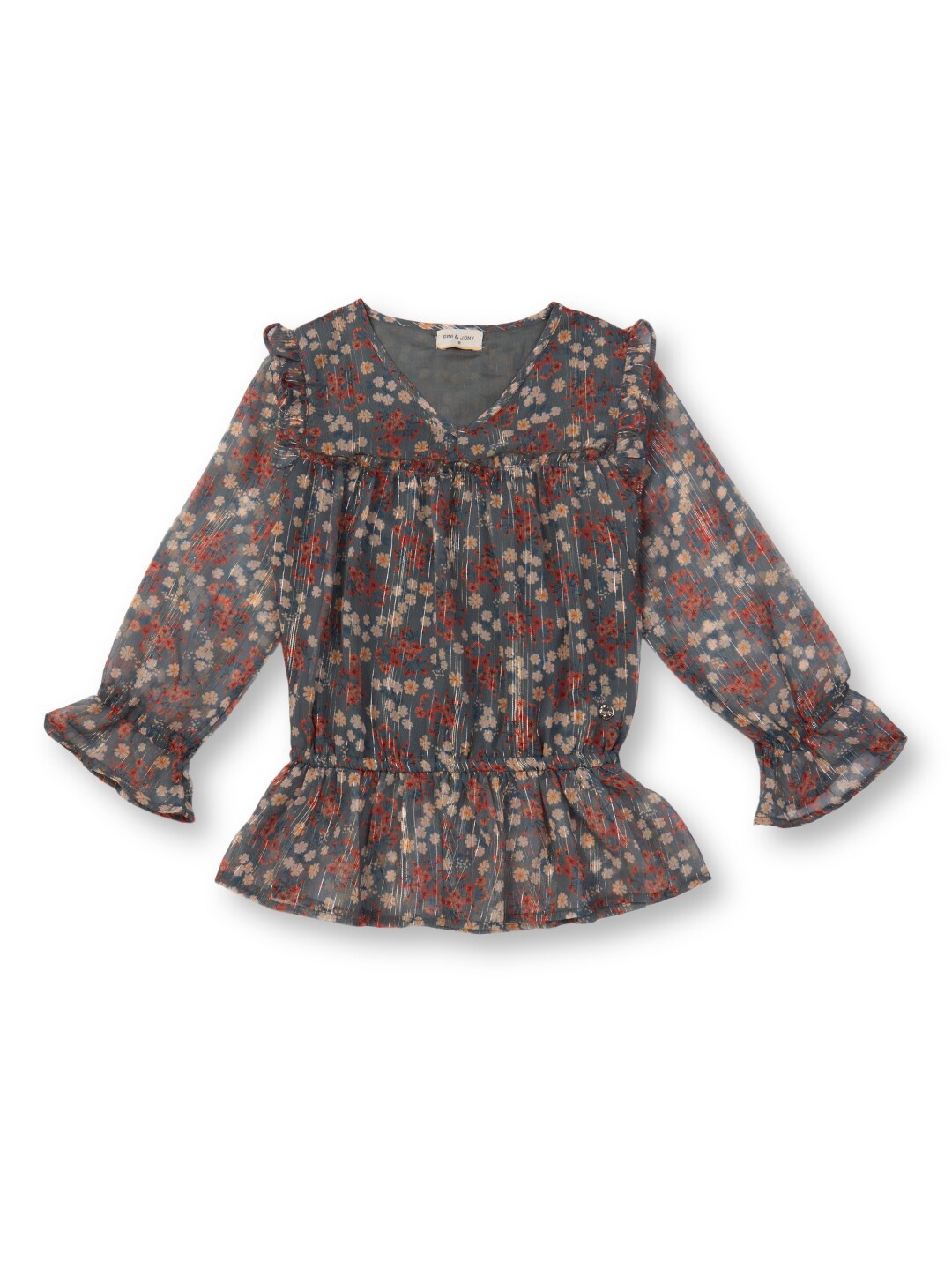 

Gini and Jony Girls Floral Printed Bell Sleeve Cinched Waist Top, Grey