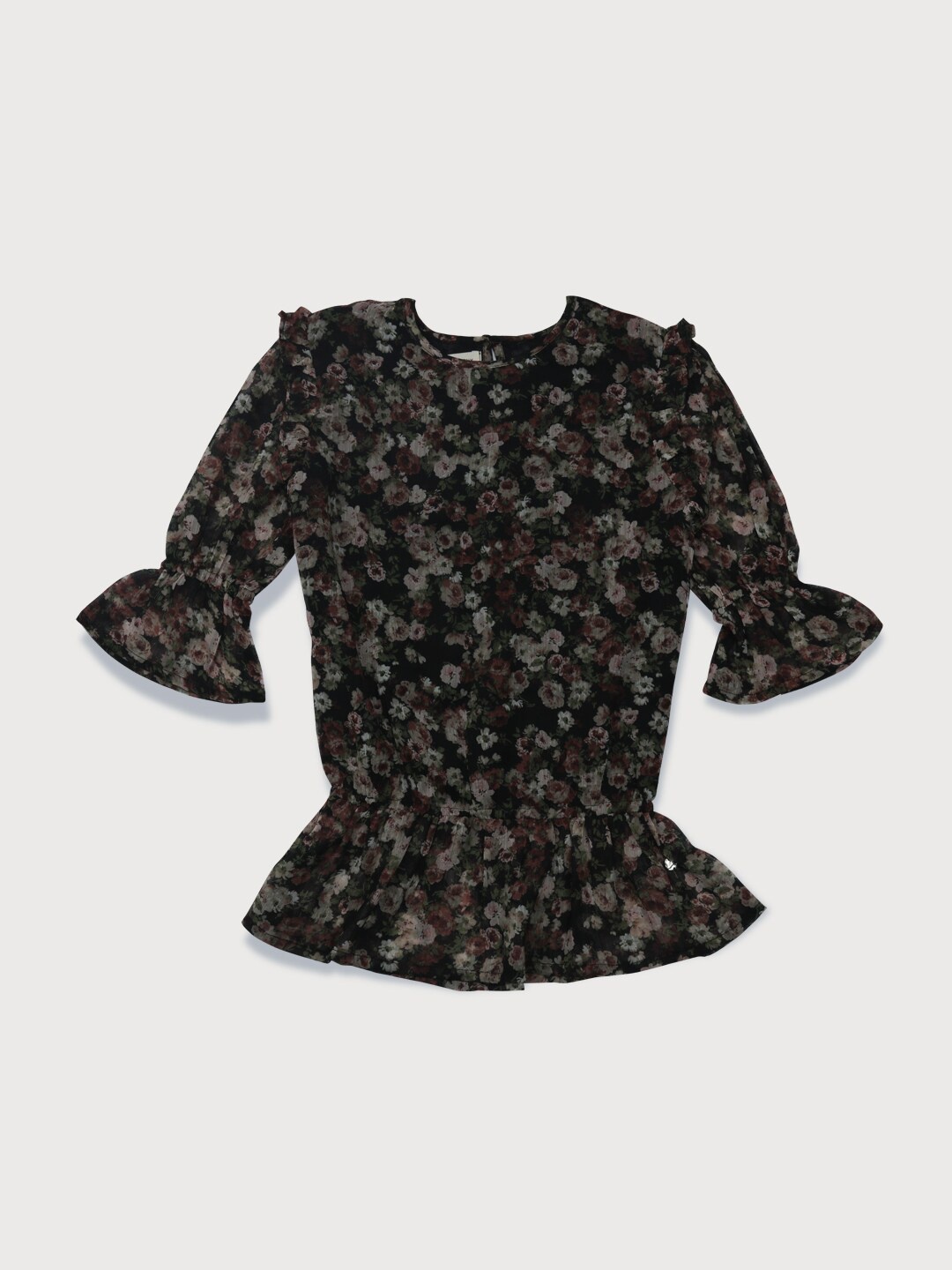

Gini and Jony Girls Floral Printed Bell Sleeves Cinched Waist Top, Black