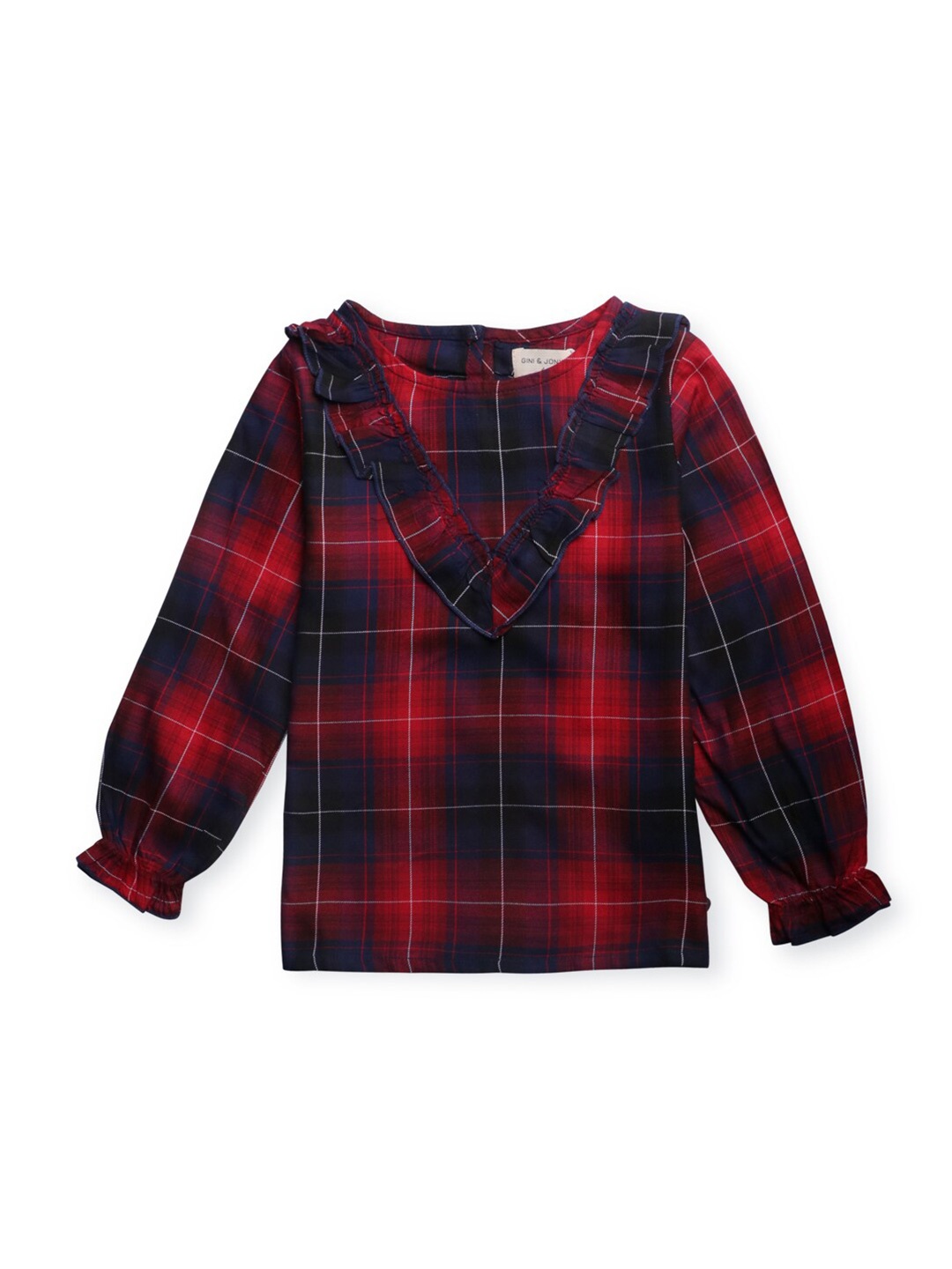 

Gini and Jony Girls Checked Puff Sleeves Ruffles Top, Maroon