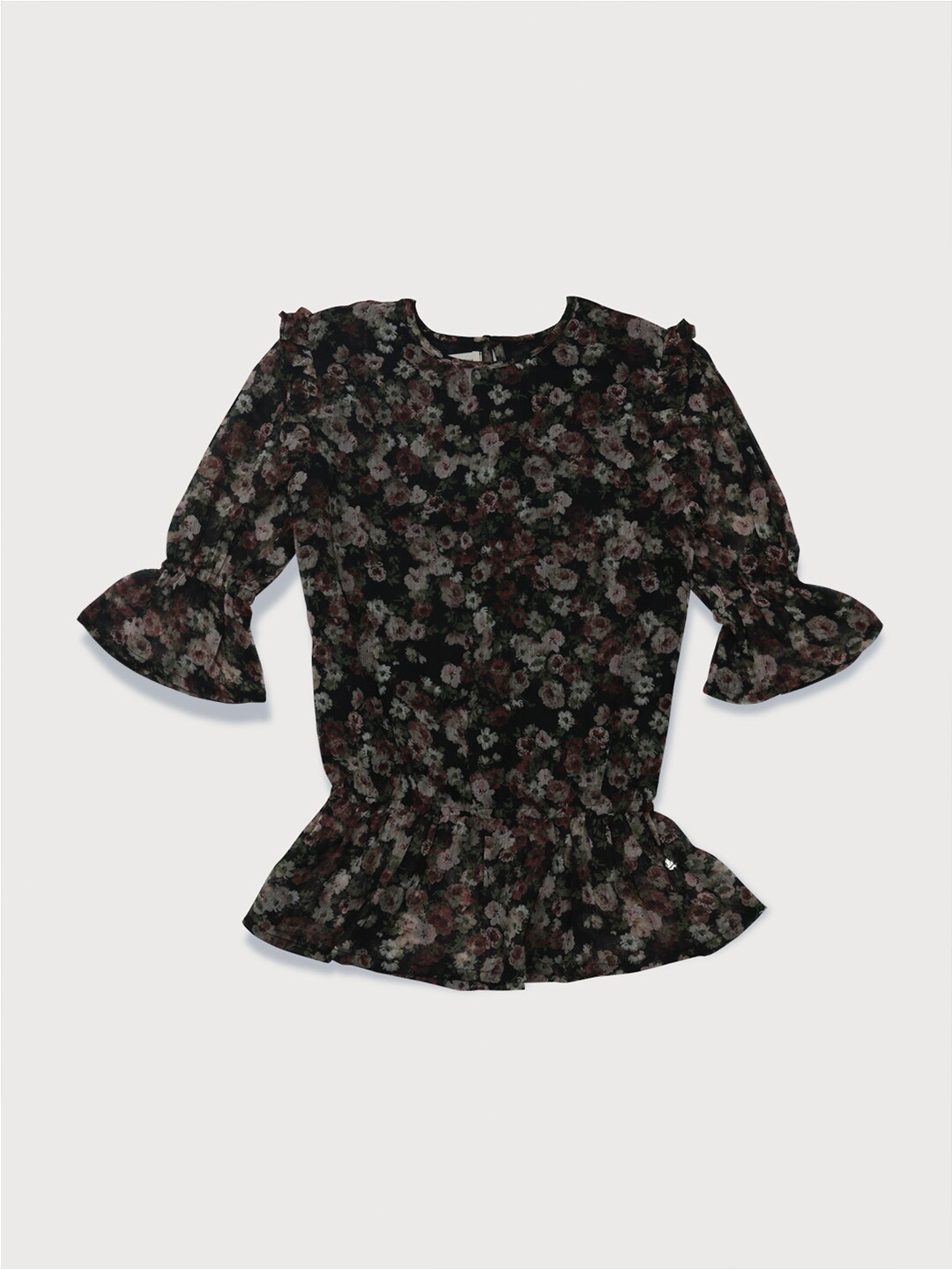 

Gini and Jony Infant Girls Floral Printed Bell Sleeves Cinched Waist Top, Black