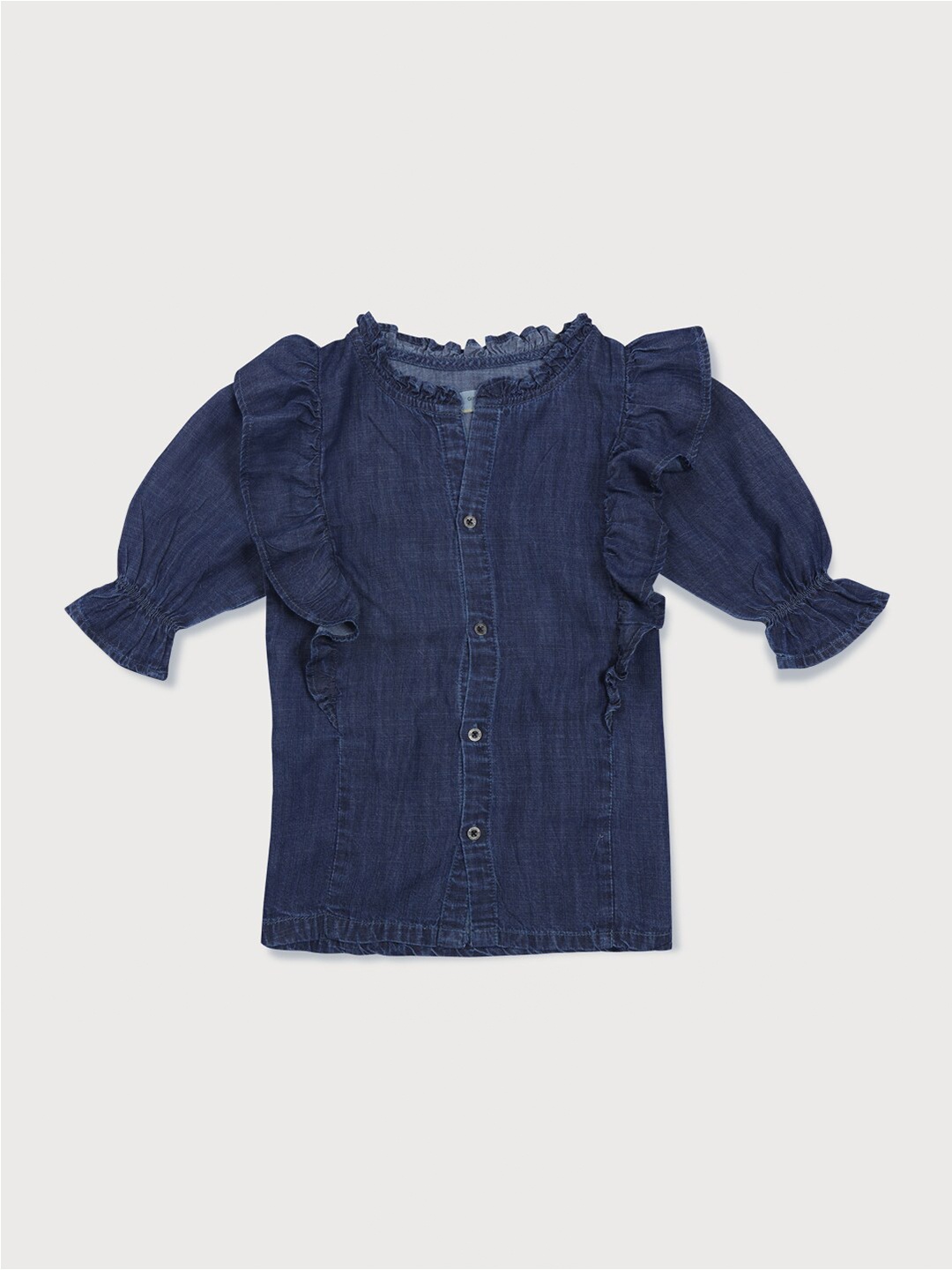 

Gini and Jony Girls Puff Sleeve Ruffle Detail Denim Top, Navy blue