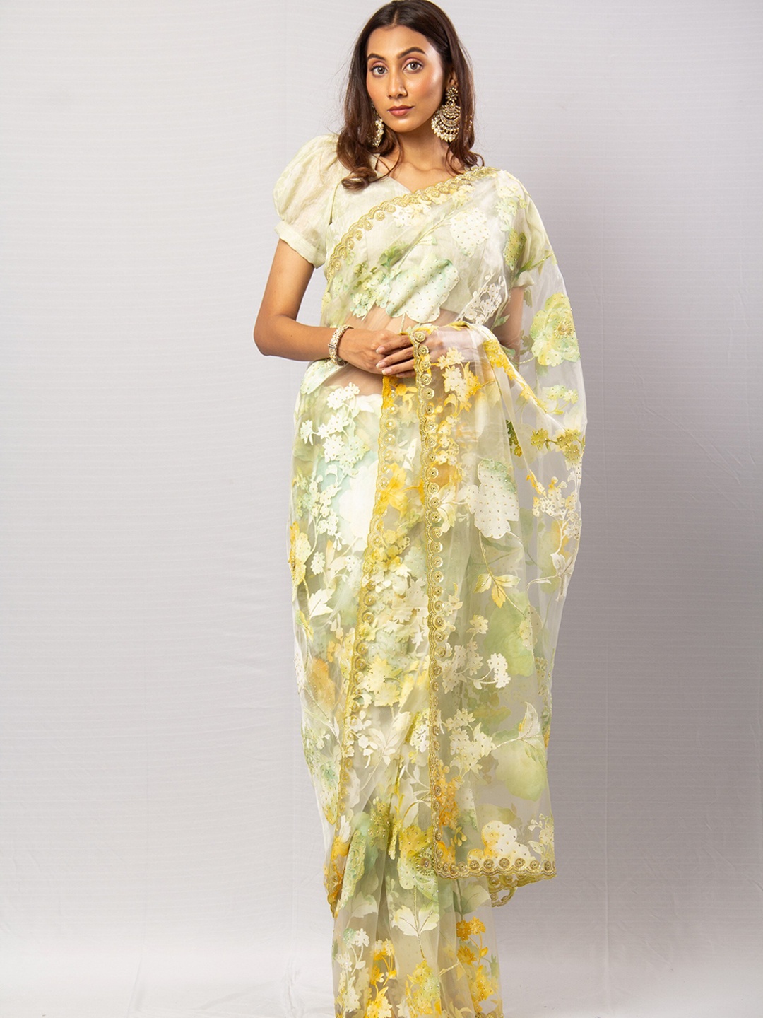 

Simaaya Floral Embroidered Organza Chanderi Saree, Yellow