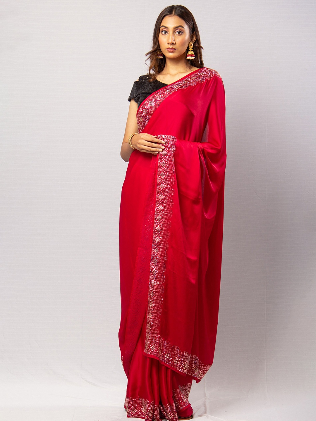 

Simaaya Embellished Border Satin Saree, Red