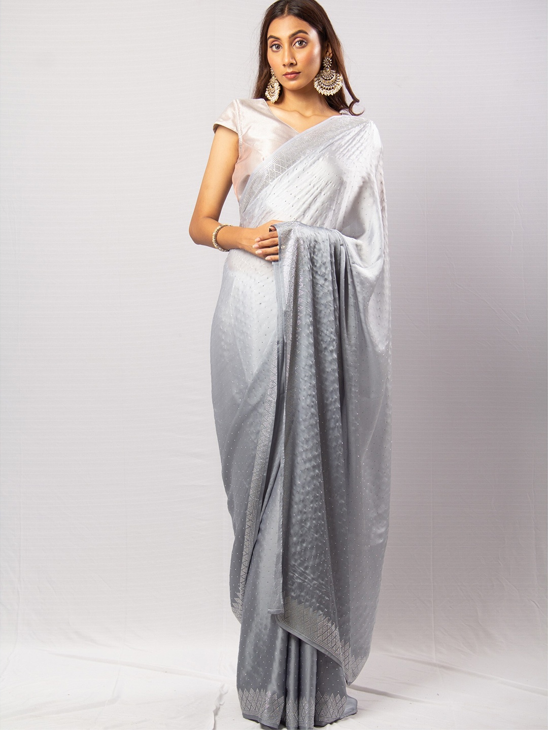 

Simaaya Embellished Satin Saree, Grey