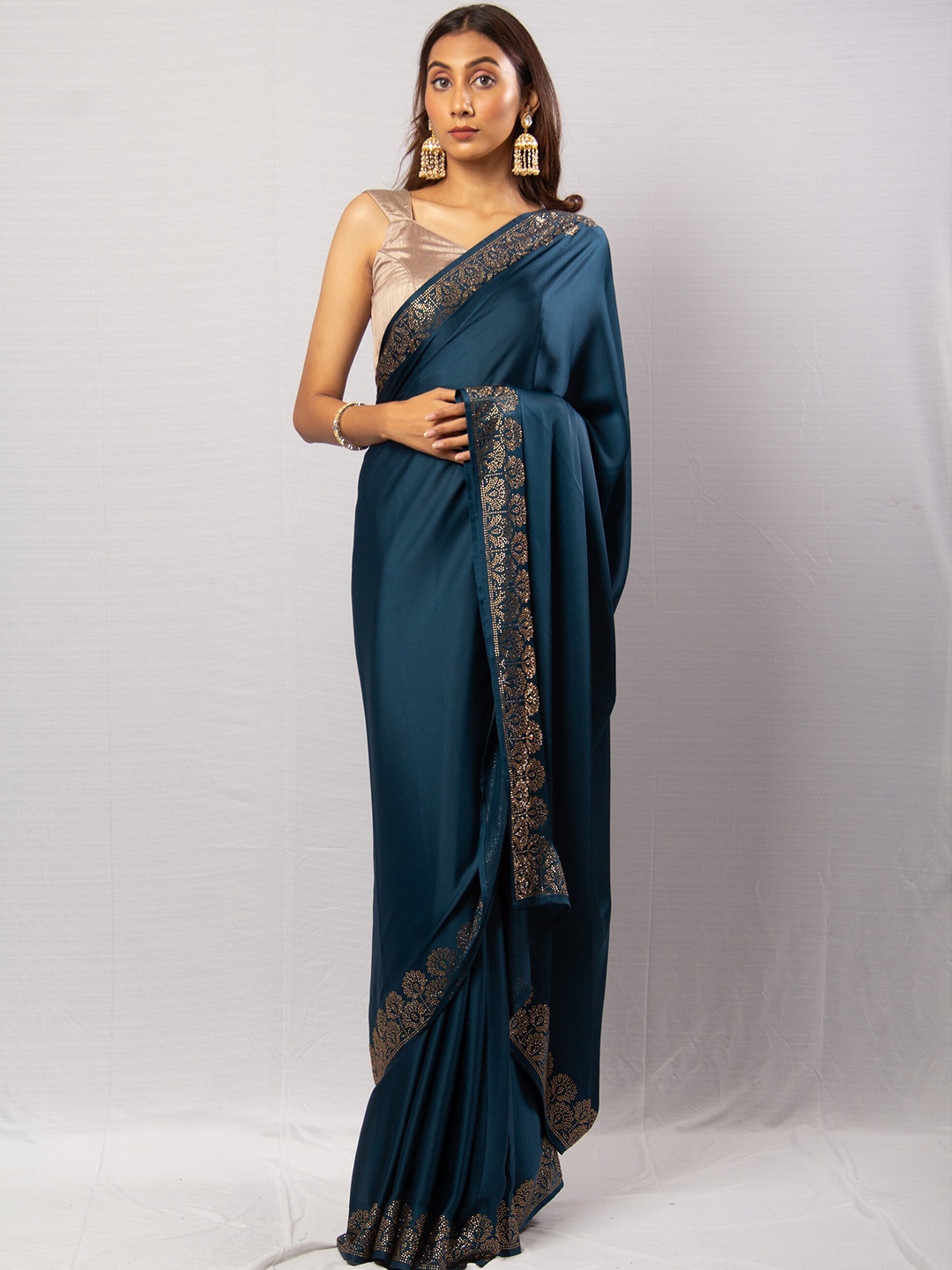 

Simaaya Embellished Border Satin Saree, Teal