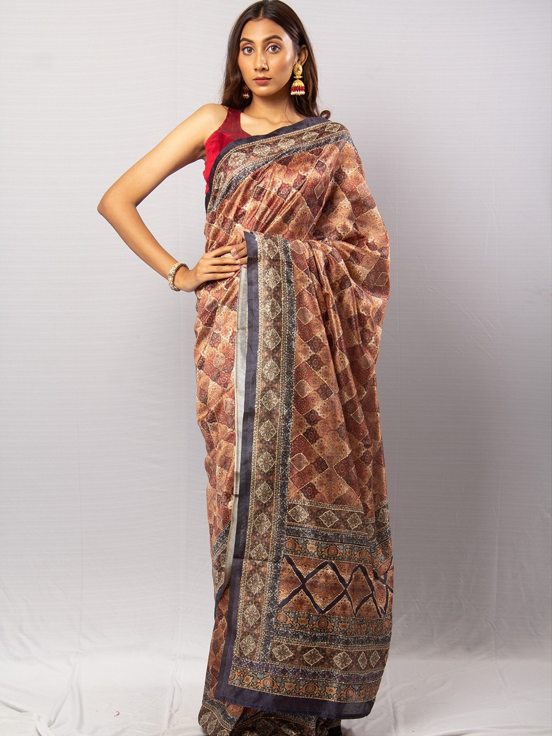 

Simaaya Ethnic Printed Tissue Tussar Saree, Brown