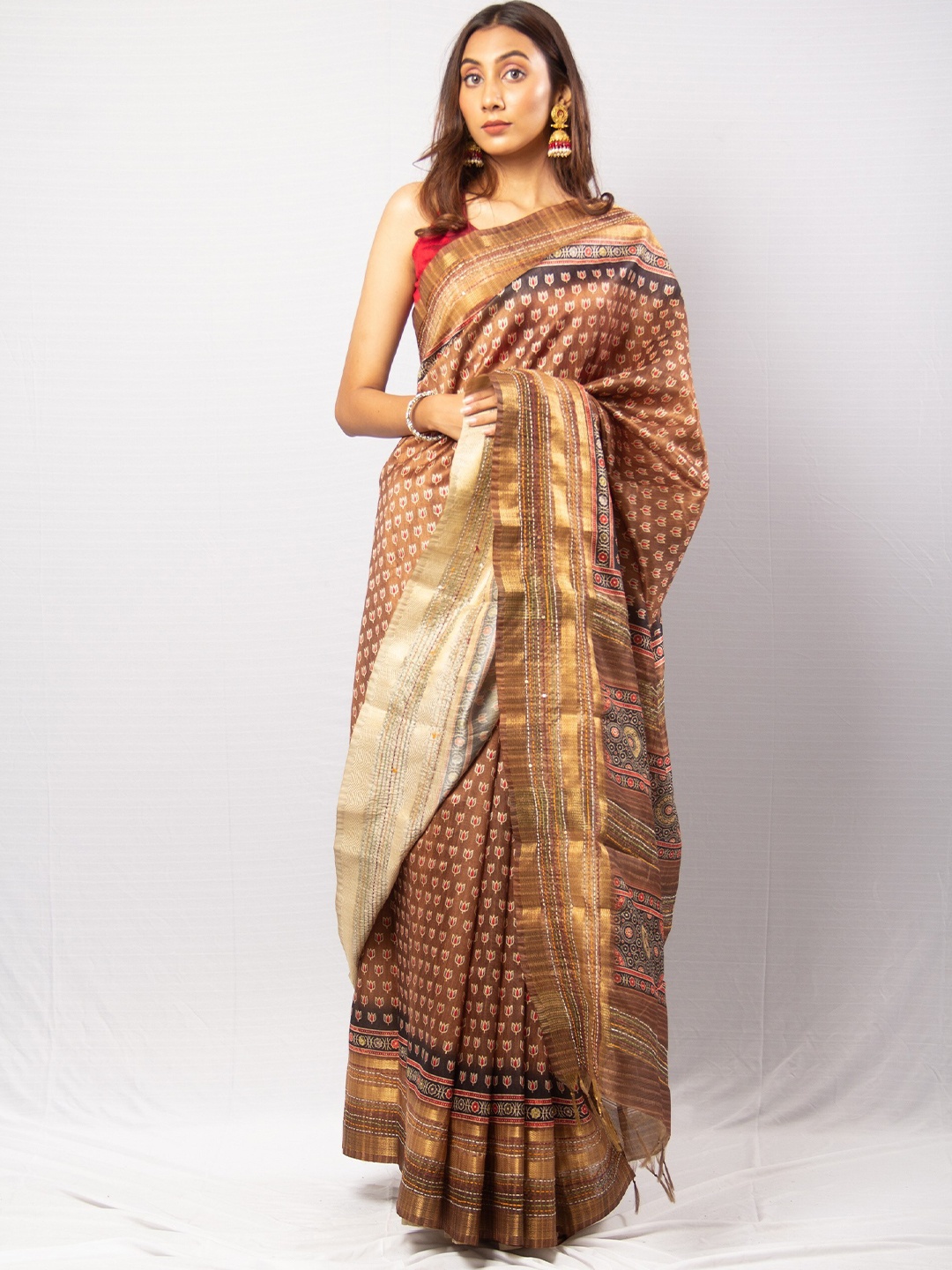 

Simaaya Ethnic Motifs Printed Zari Tissue Tussar Saree, Brown