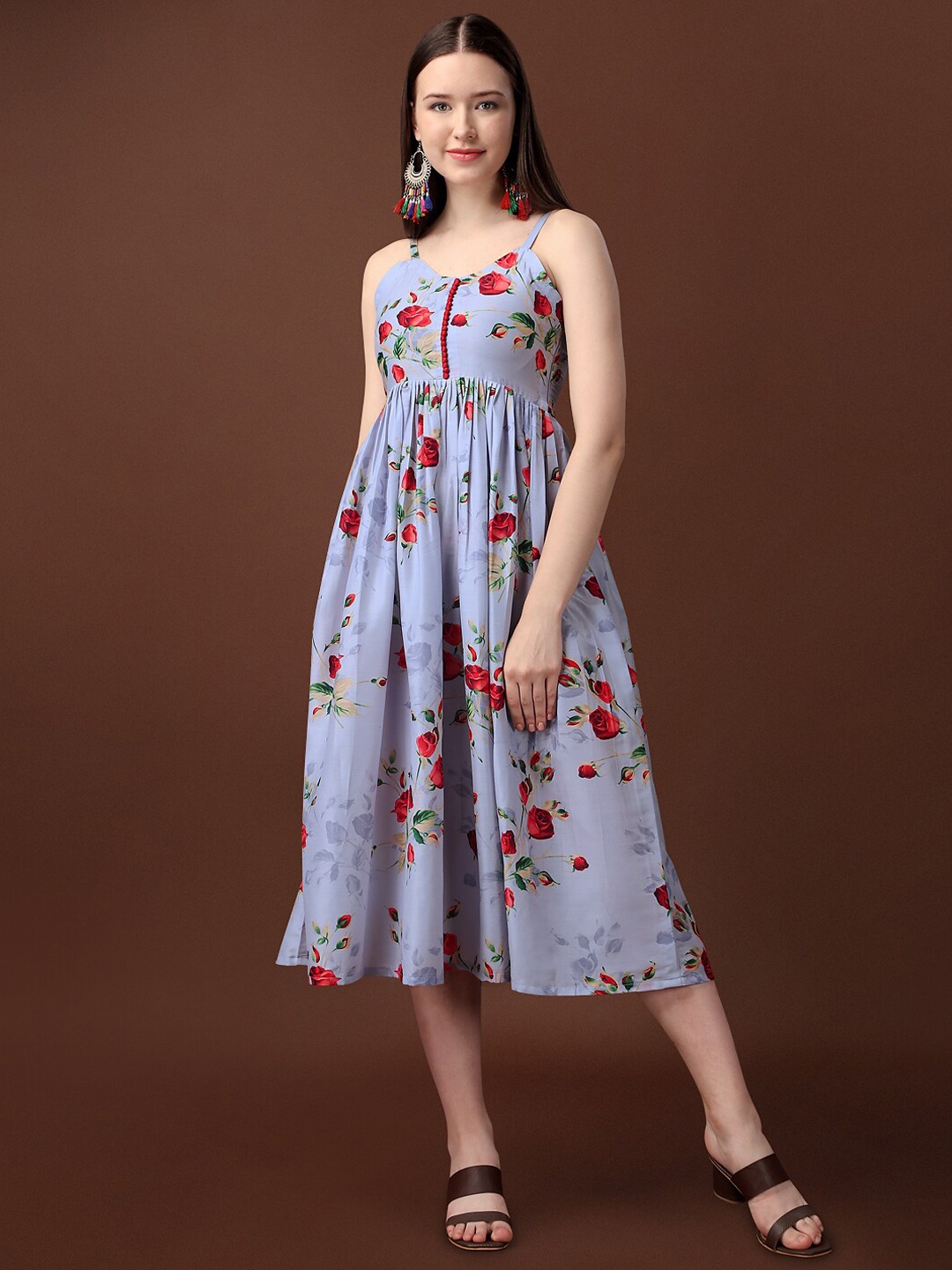 

BAPS Floral Printed Cotton Fit & Flare Ethnic Dress, Blue