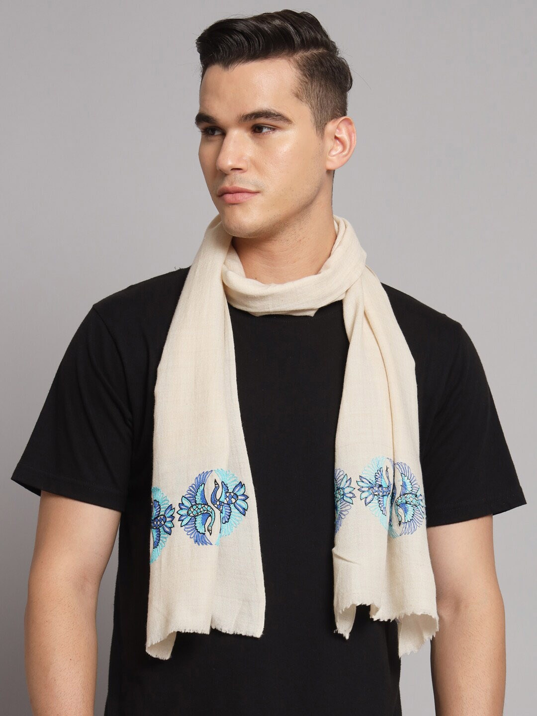 

MODARTA Men Embroidered Wool Scarf, White