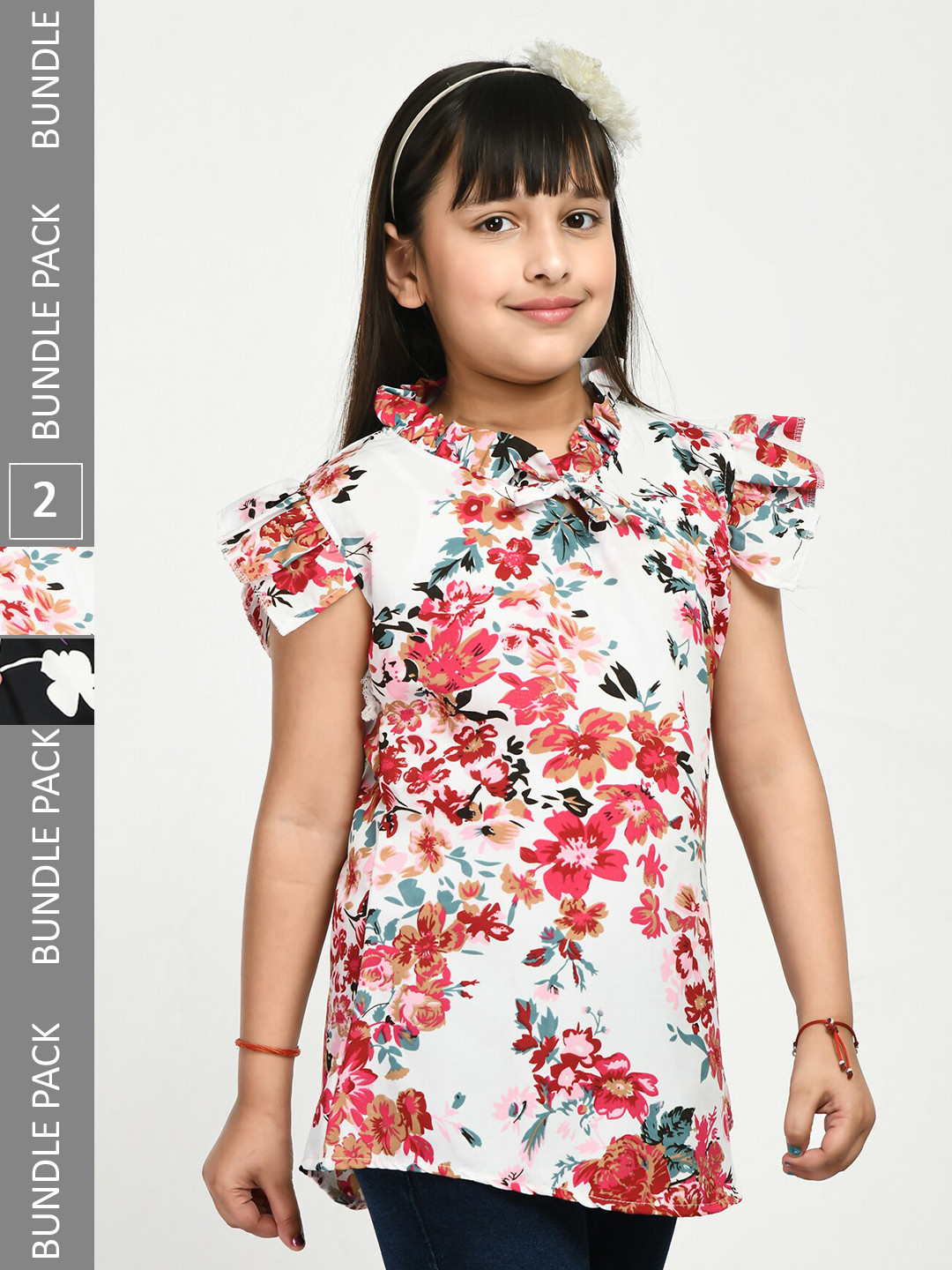 

IndiWeaves Girls Pack Of 2 Floral Printed Tie-Up Neck Top, Black