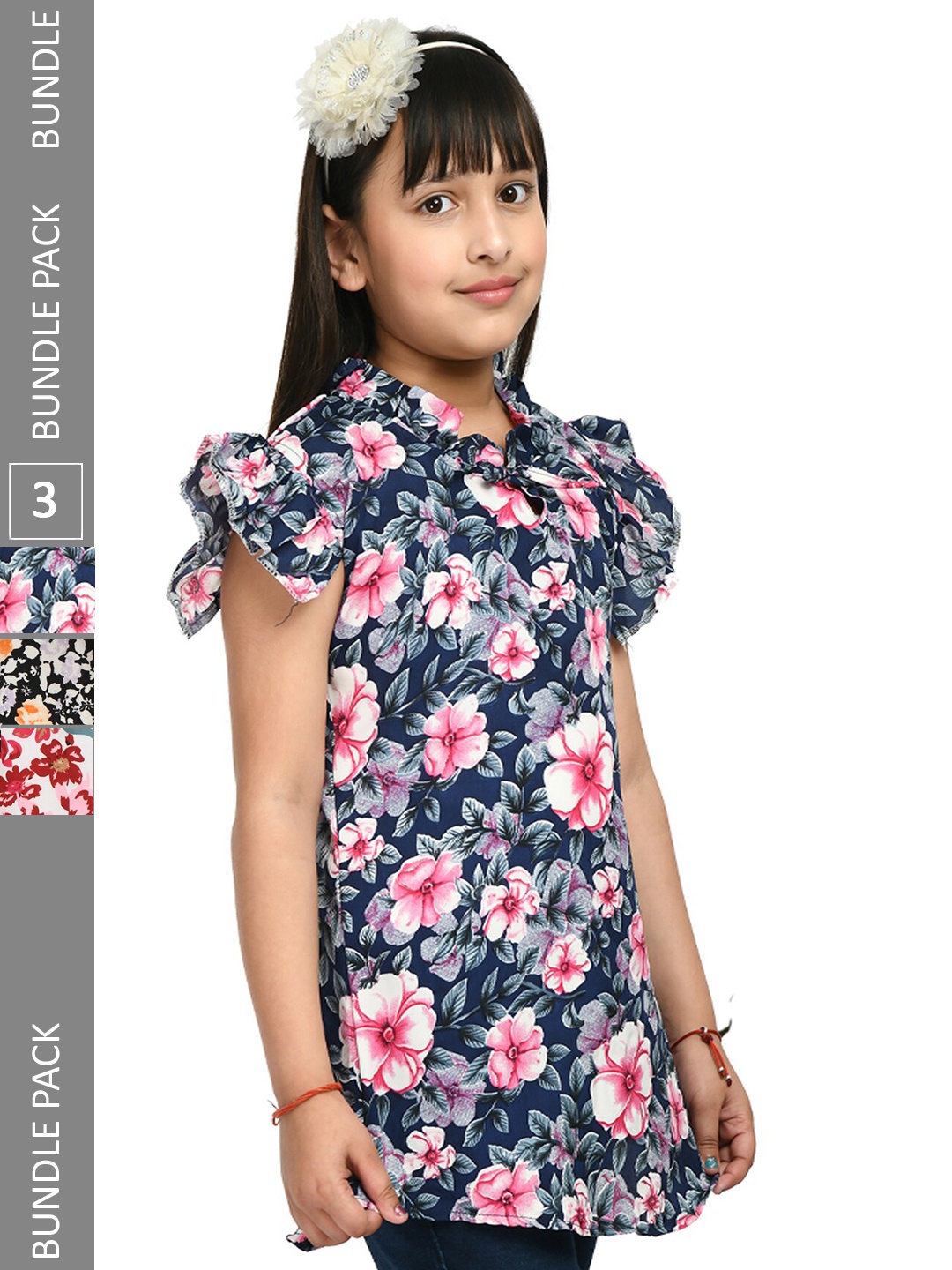 

IndiWeaves Girls Pack Of 3 Floral Printed Tie-Up Neck Ruffled Top, Blue