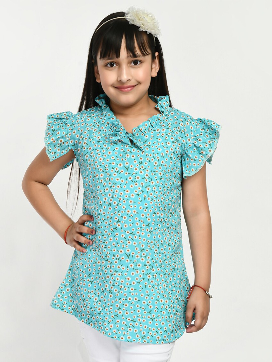

IndiWeaves Girls Floral Printed Tie-Up Neck Cap Sleeves Ruffle Longline Top, Blue