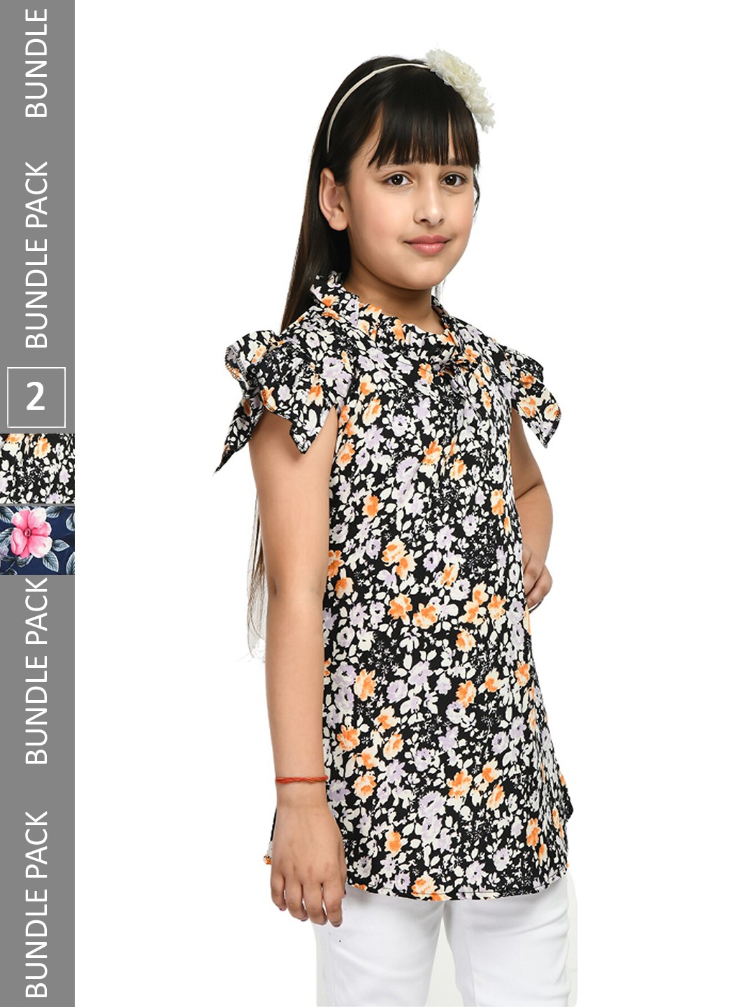 

IndiWeaves Girls Pack Of 2 Floral Printed Tie-Up Neck Cap Sleeves Ruffle Longline Top, Black