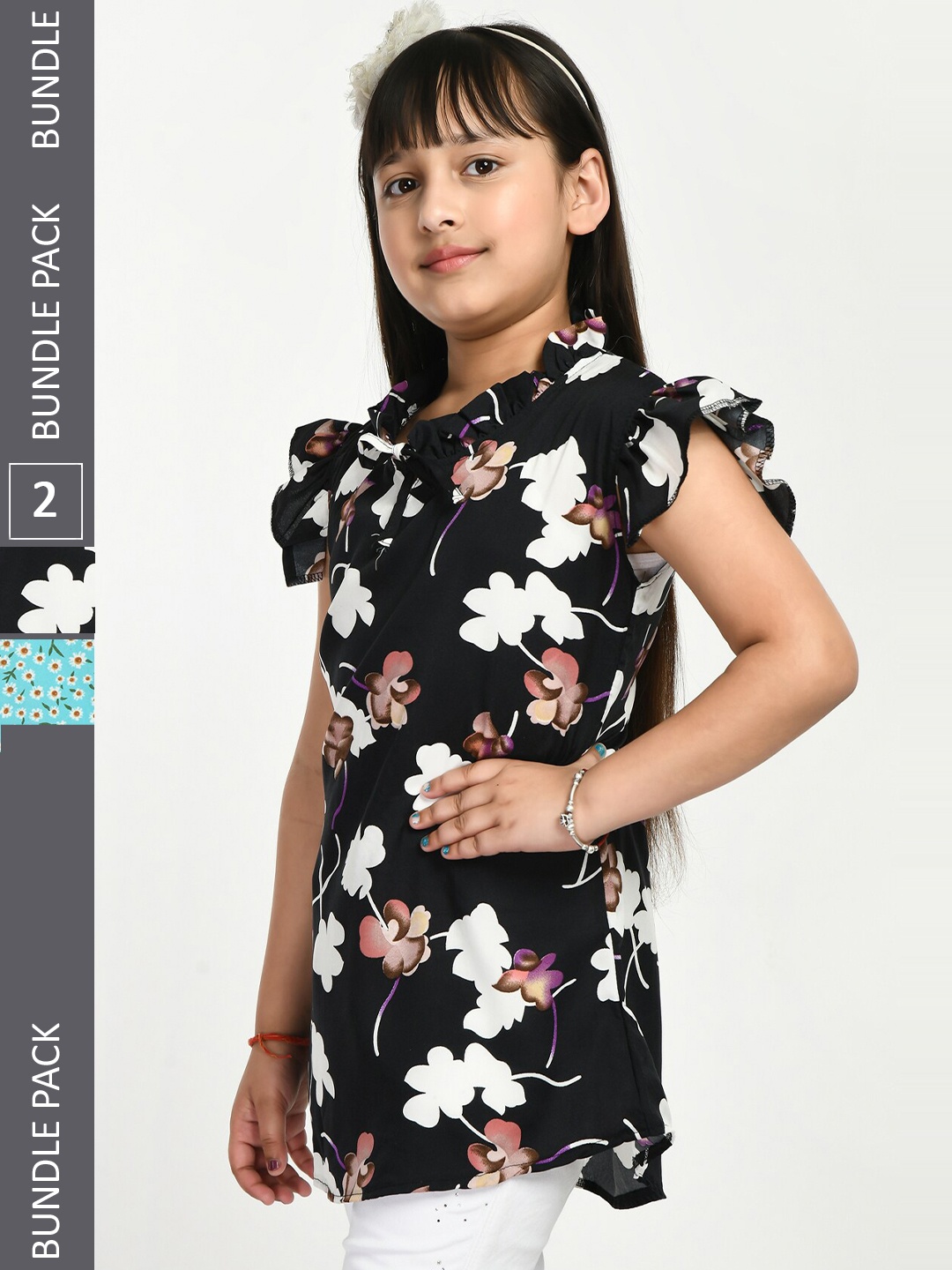 

IndiWeaves Girls Pack Of 2 Floral Printed Tie-Up Neck Ruffled Top, Black