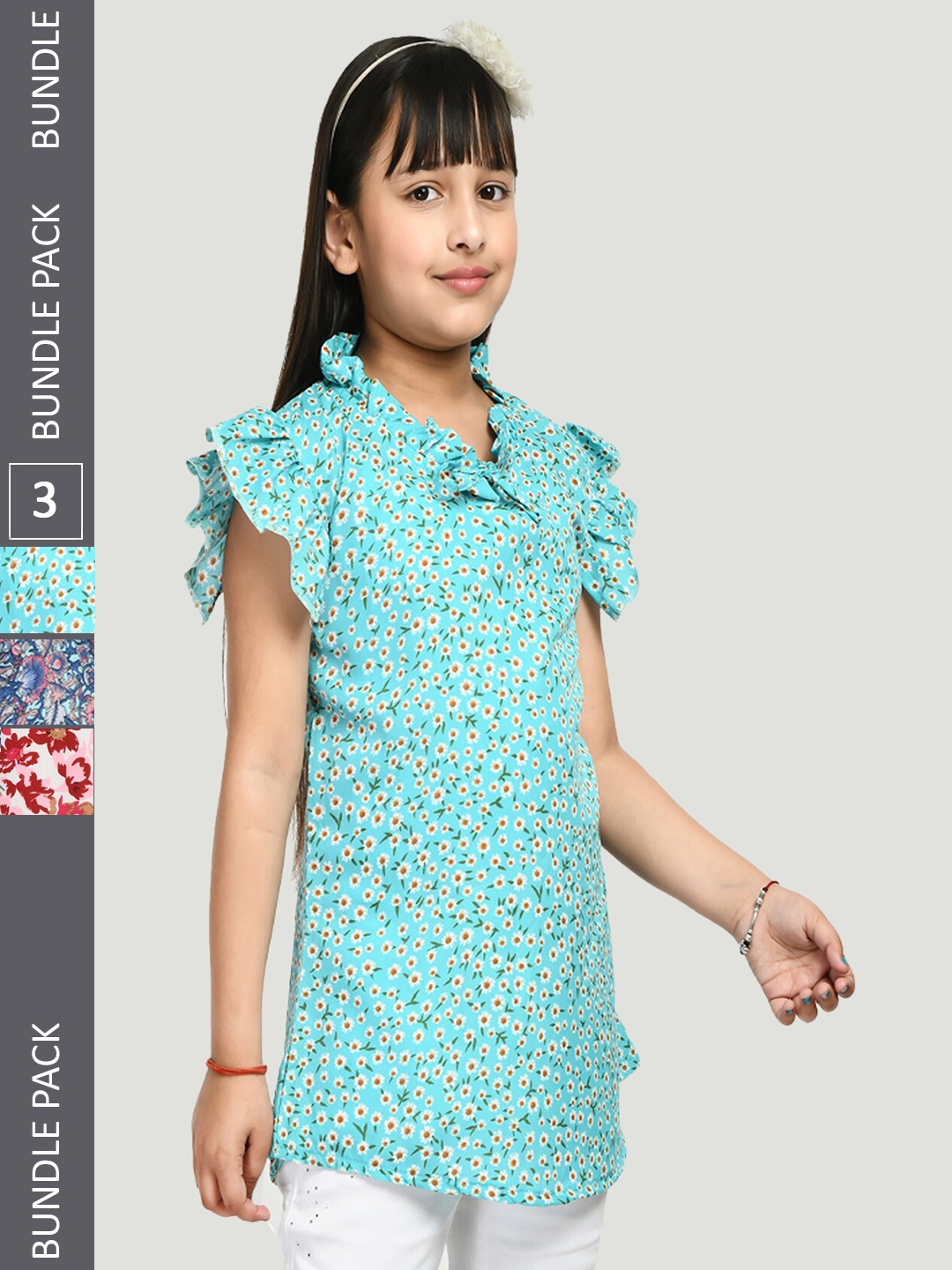 

IndiWeaves Girls Pack Of 3 Printed Flutter Sleeves Ruffled Top, Blue