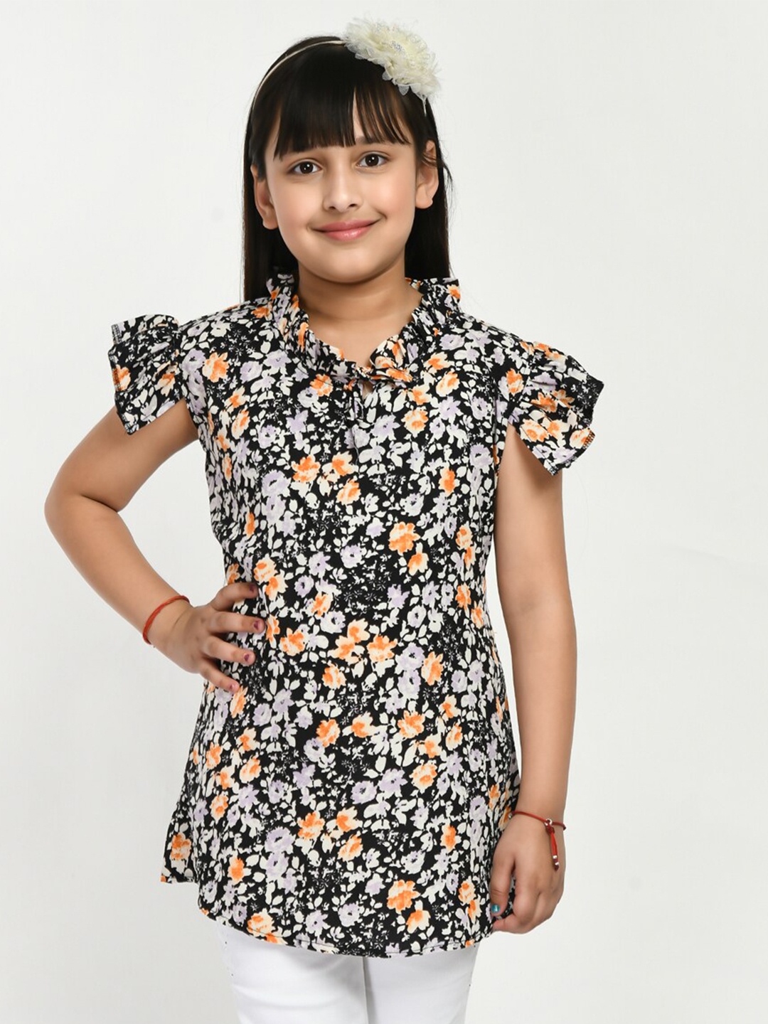 

IndiWeaves Girls Floral Printed Tie-Up Neck Top, Black