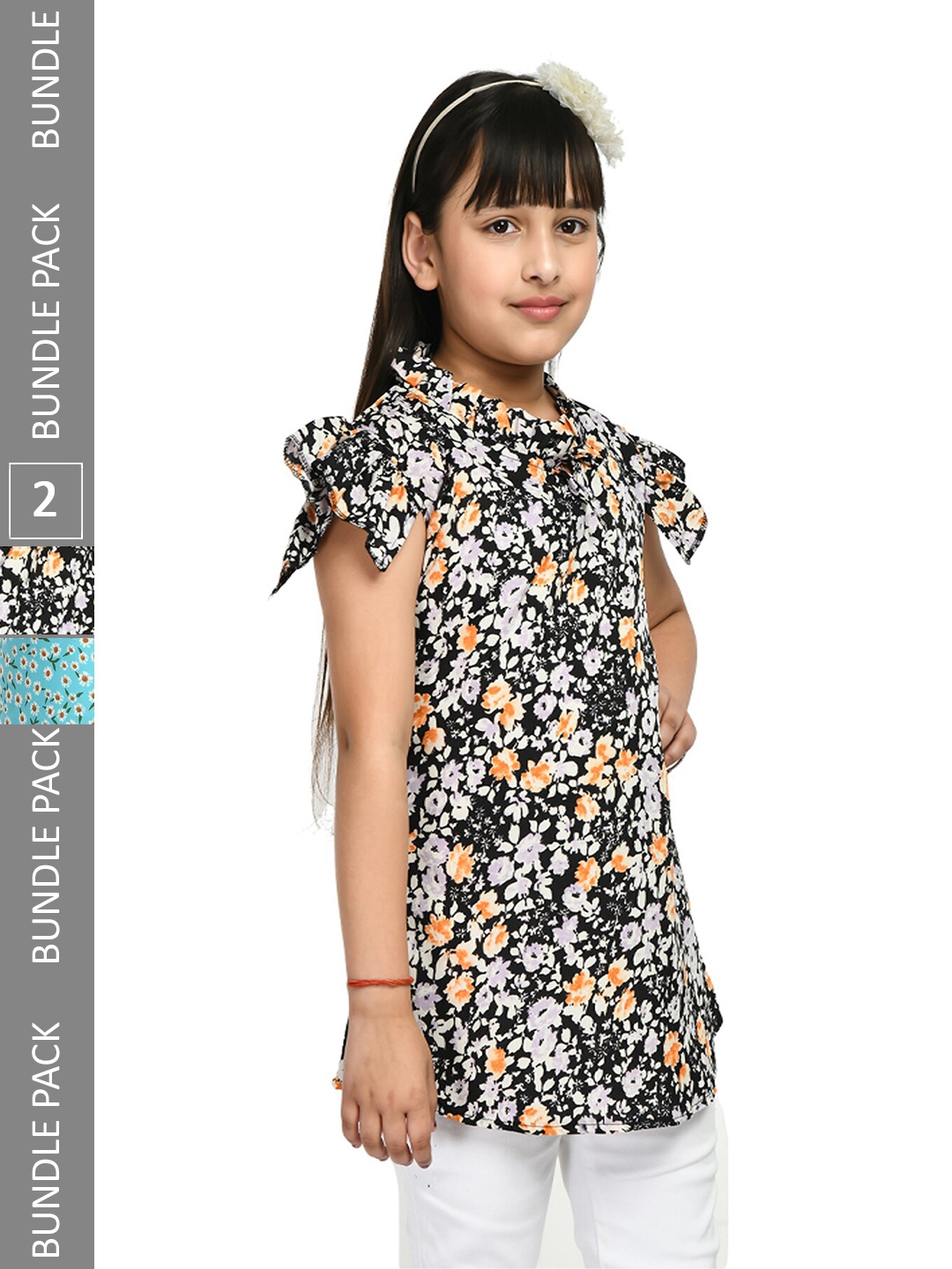 

IndiWeaves Girls Pack Of 2 Floral Printed Tie-Up Neck Cap Sleeves Ruffle Longline Top, Black