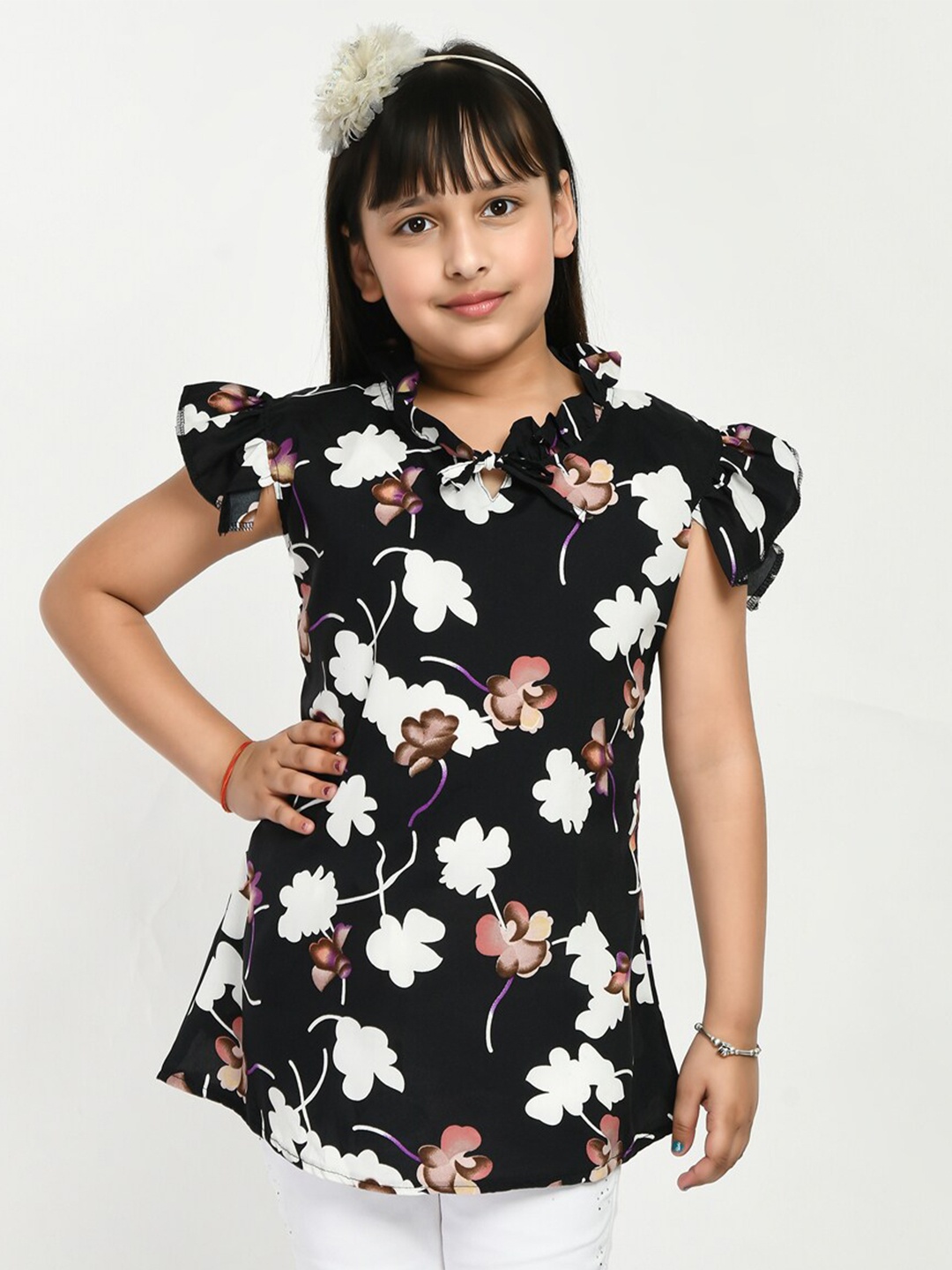 

IndiWeaves Girls Floral Printed Tie-Up Neck Top, Black