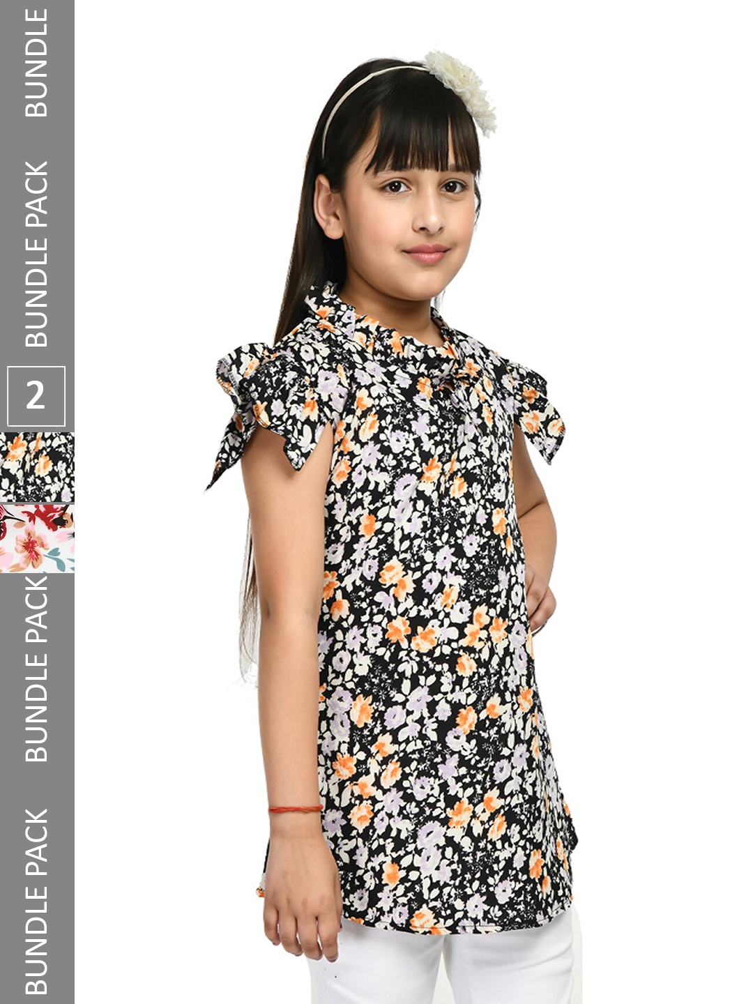 

IndiWeaves Girls Pack Of 2 Floral Printed Tie-Up Neck Top, White