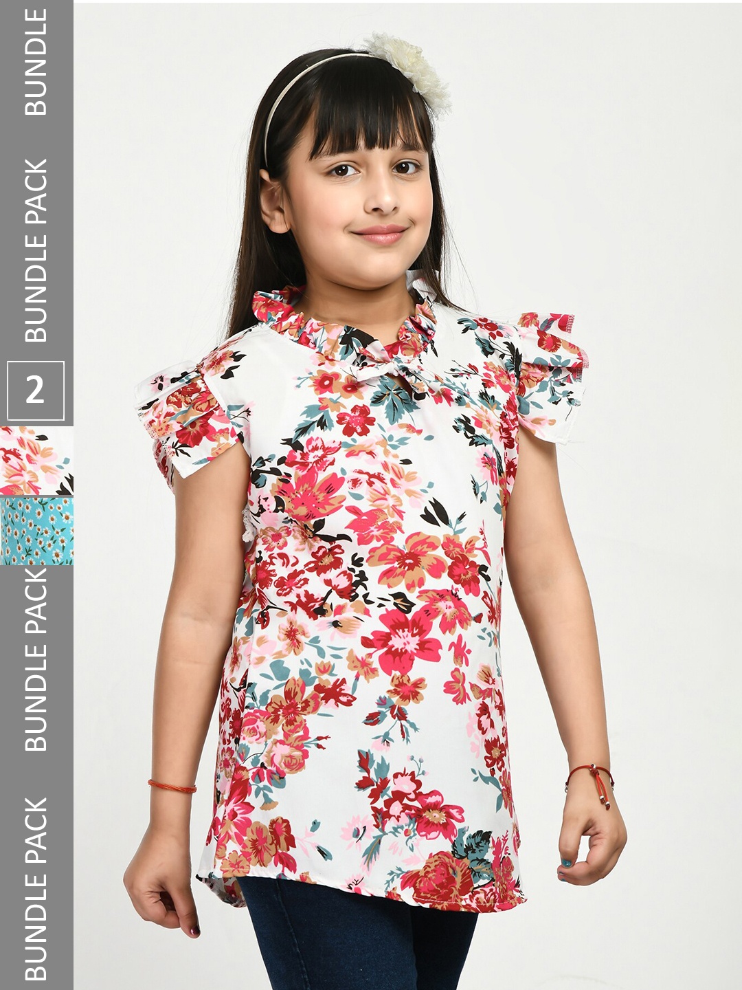 

IndiWeaves Girls Pack Of 2 Floral Printed Tie-Up Neck Cap Sleeves Ruffle Longline Top, White