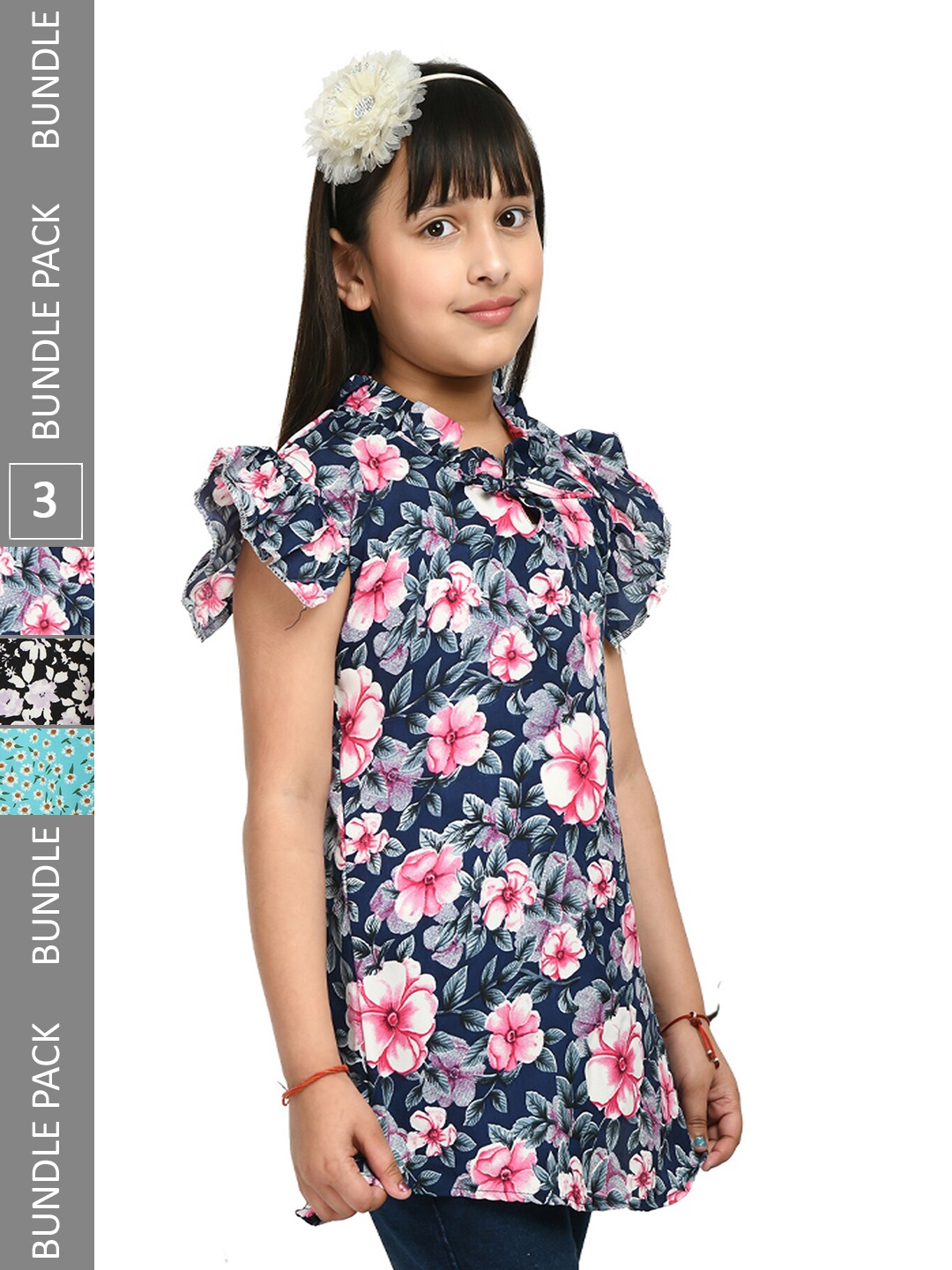 

IndiWeaves Girls Pack Of 3 Floral Printed Tie-Up Neck Cap Sleeves Ruffle Longline Top, Blue