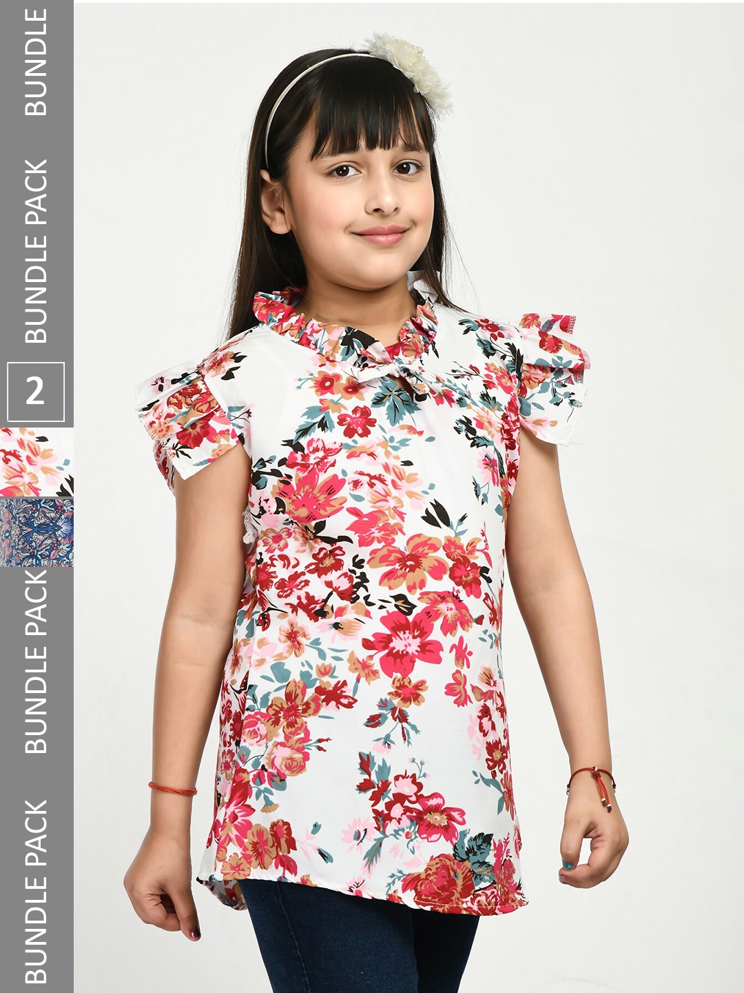 

IndiWeaves Girls Pack Of 2 Floral Printed Tie-Up Neck Top, White