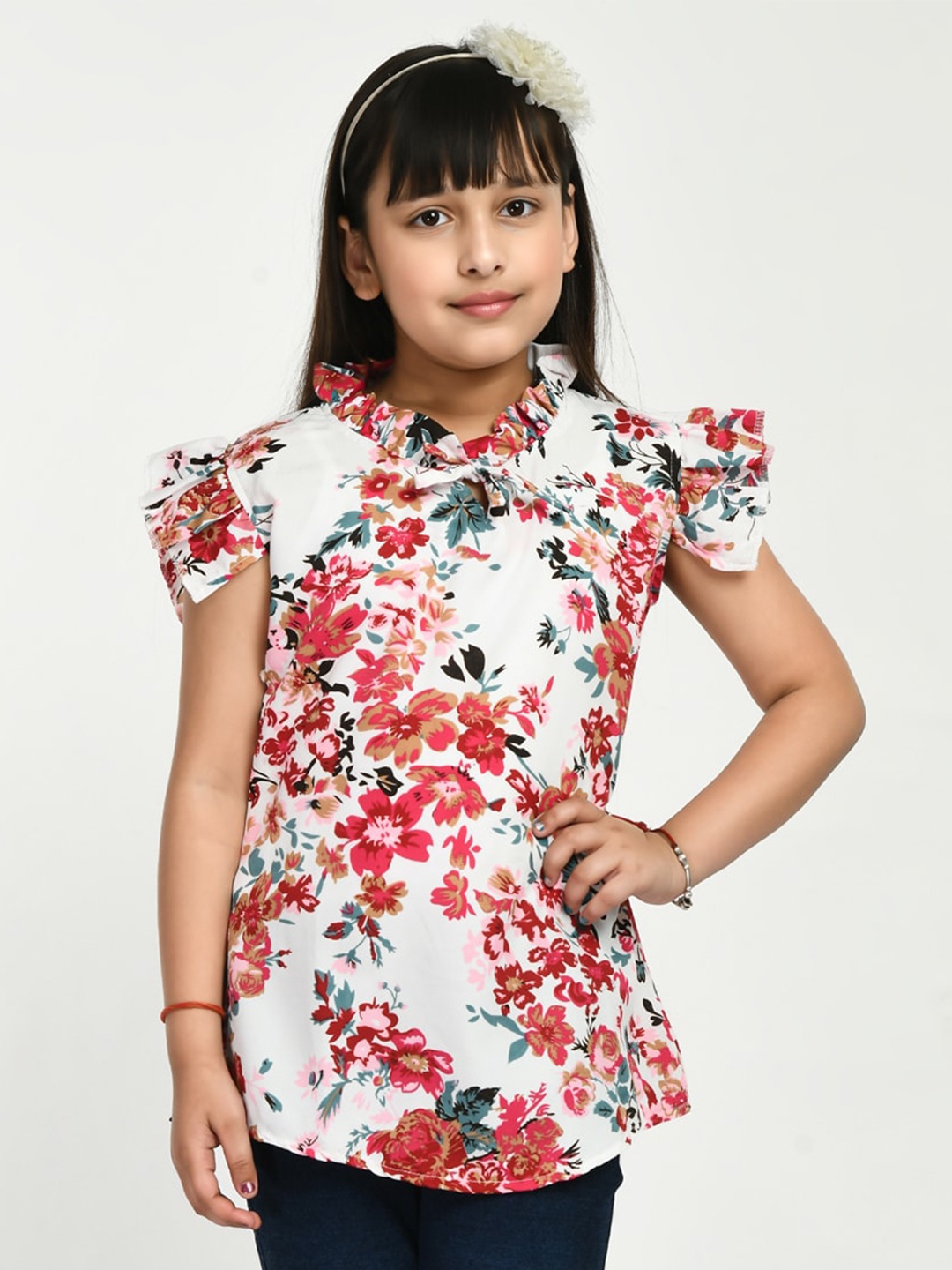 

IndiWeaves Girls Floral Printed Tie-Up Neck Top, White