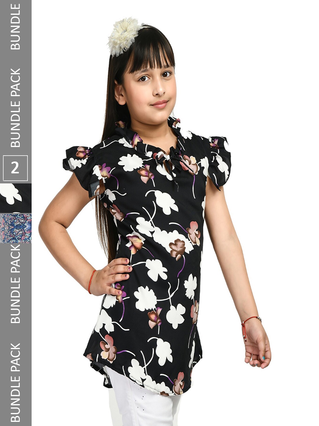 

IndiWeaves Girls Pack Of 2 Floral Printed Tie-Up Neck Cap Sleeves Ruffle Longline Top, Black