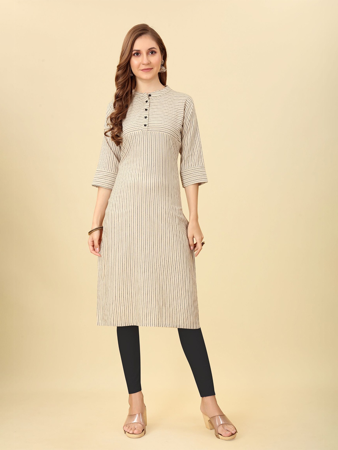 

KALINI Striped Mandarin Collar Straight Pure Cotton Kurta, Cream