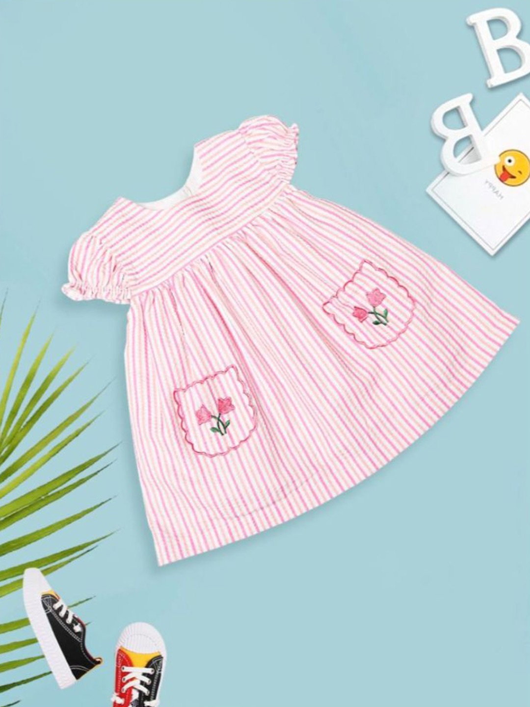 

MeeMee Girls Infants Striped Puff Sleeves Cotton Fit & Flare Dress, White