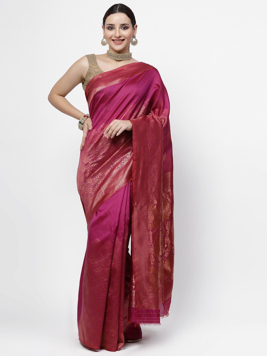 

KALINI Ethnic Motifs Woven Design Zari Banarasi Saree, Pink