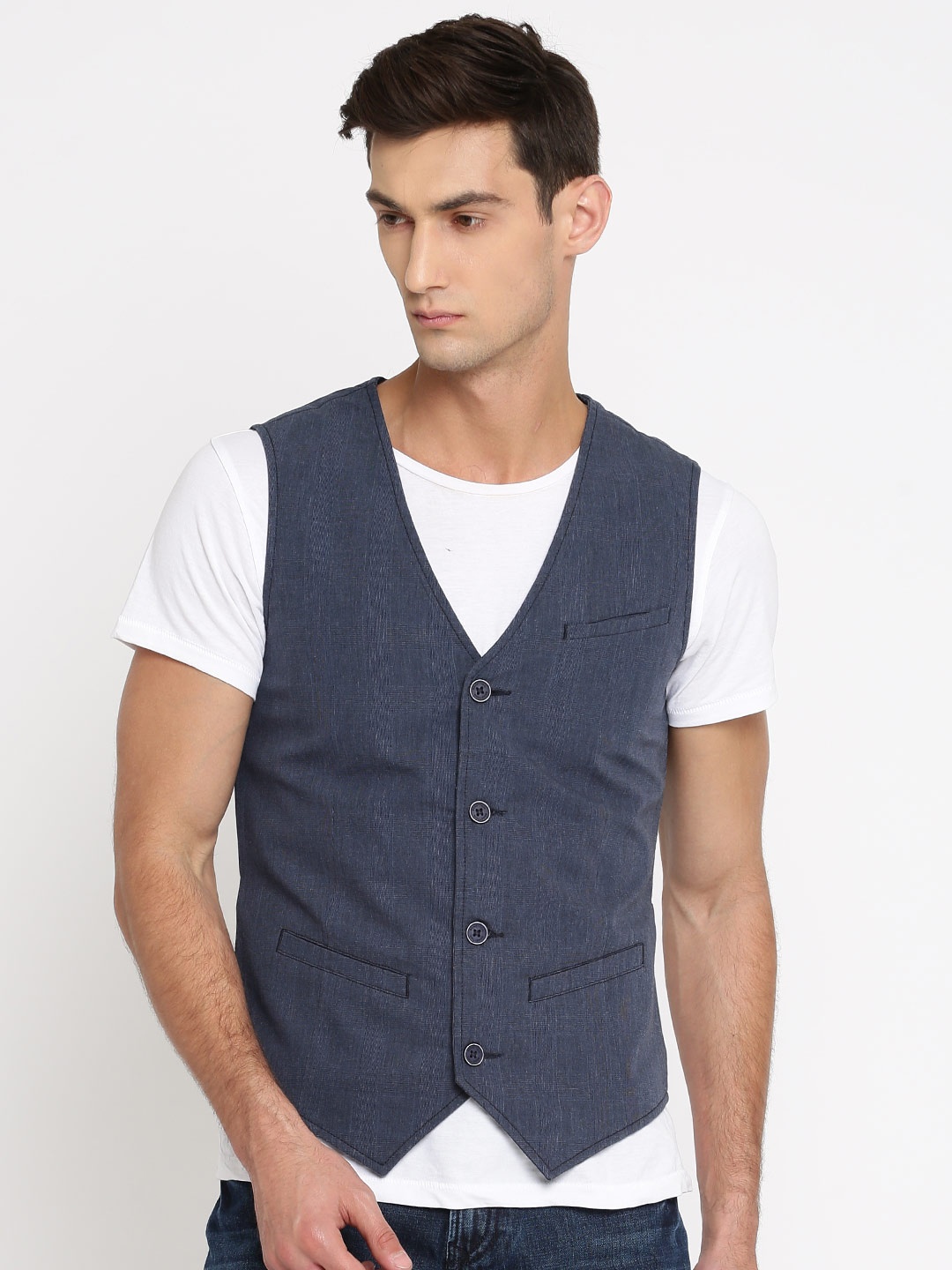 

United Colors of Benetton Men Blue Solid Pure Cotton Waistcoat