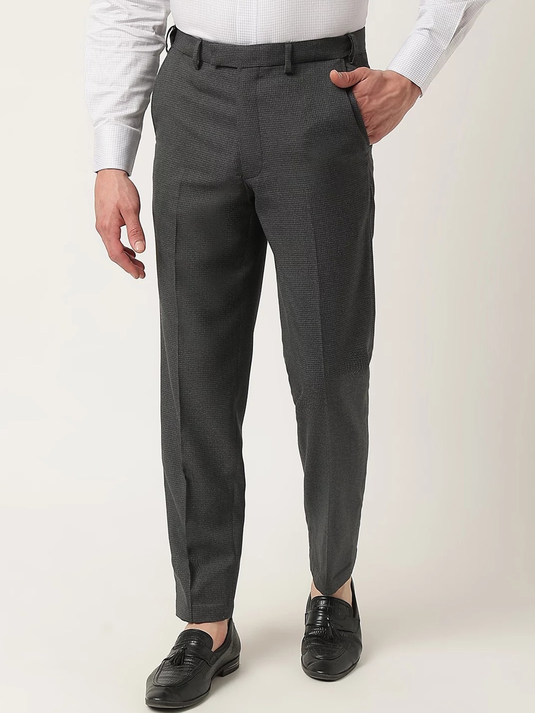 

Marks & Spencer Men Textured Self Design Formal Trousers, Charcoal