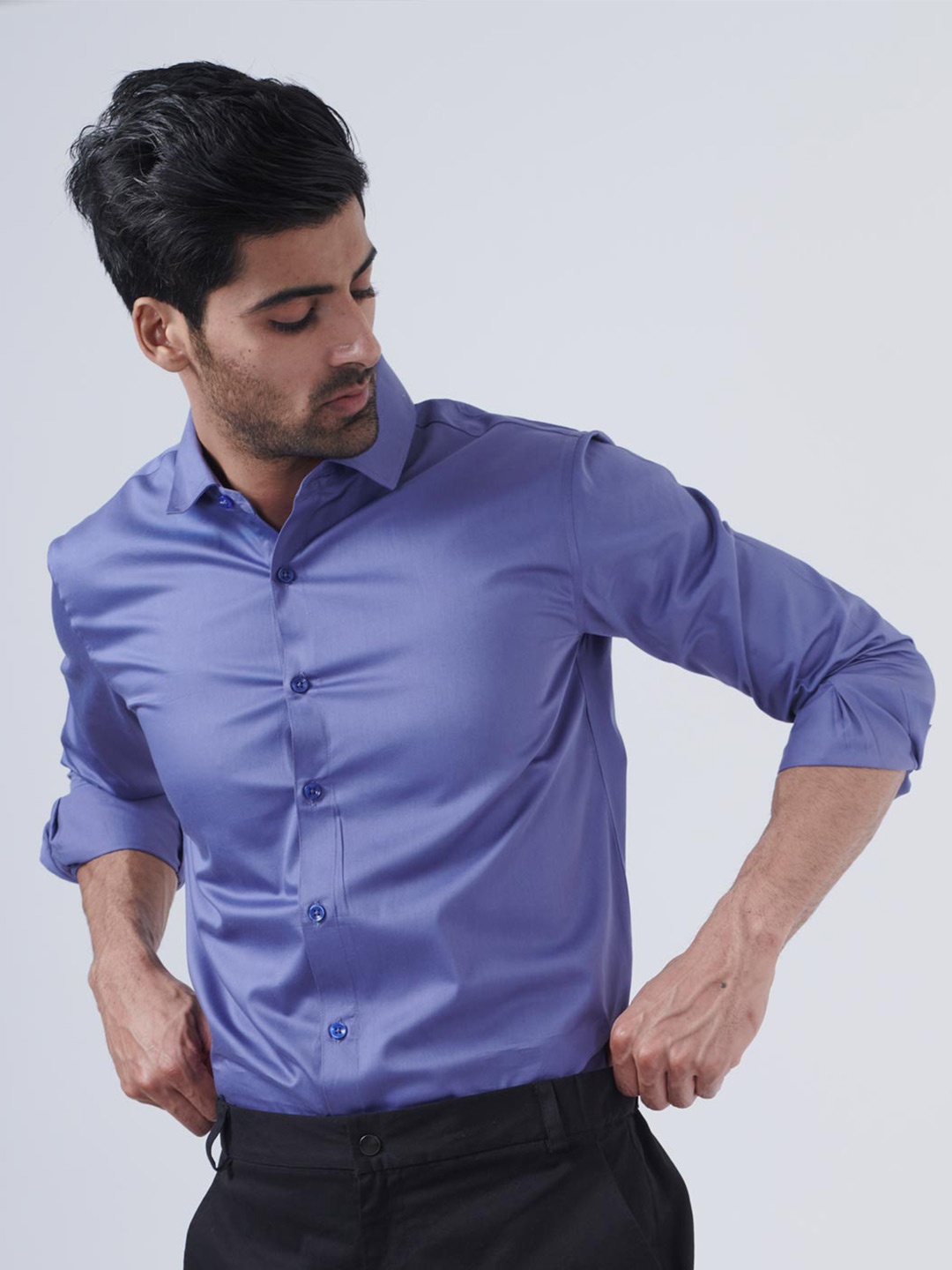 

Beyours Spread Collar Classic Casual Pure Cotton Shirt, Blue