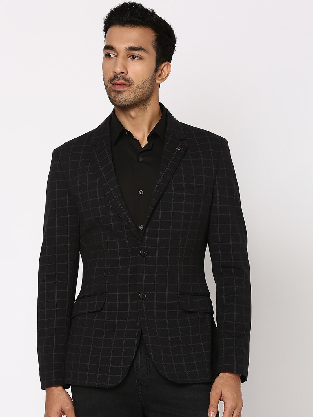 

Mufti Checked Slim-Fit Single-Breasted Blazer, Black