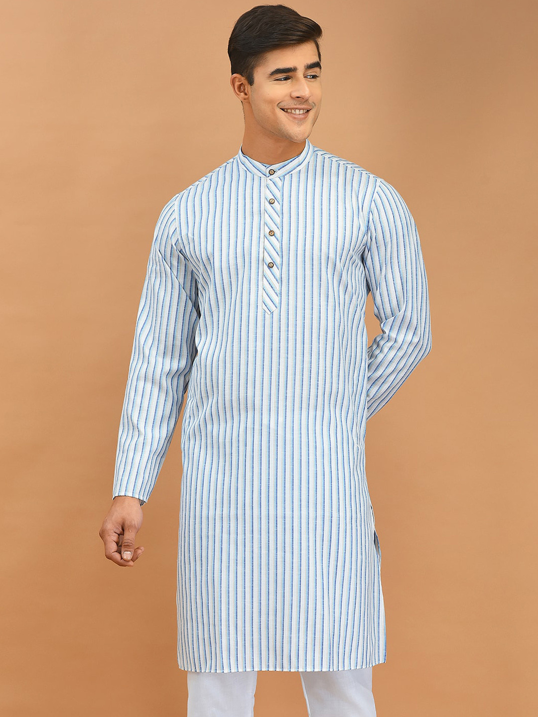 

DEYANN Striped Band Collar Cotton Kurta, White