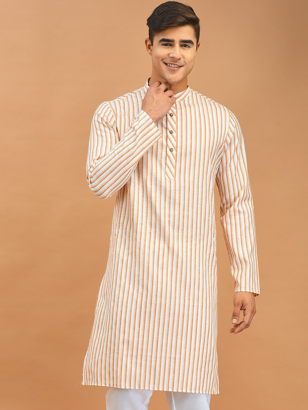 

DEYANN Striped Band Collar Cotton Kurta, White