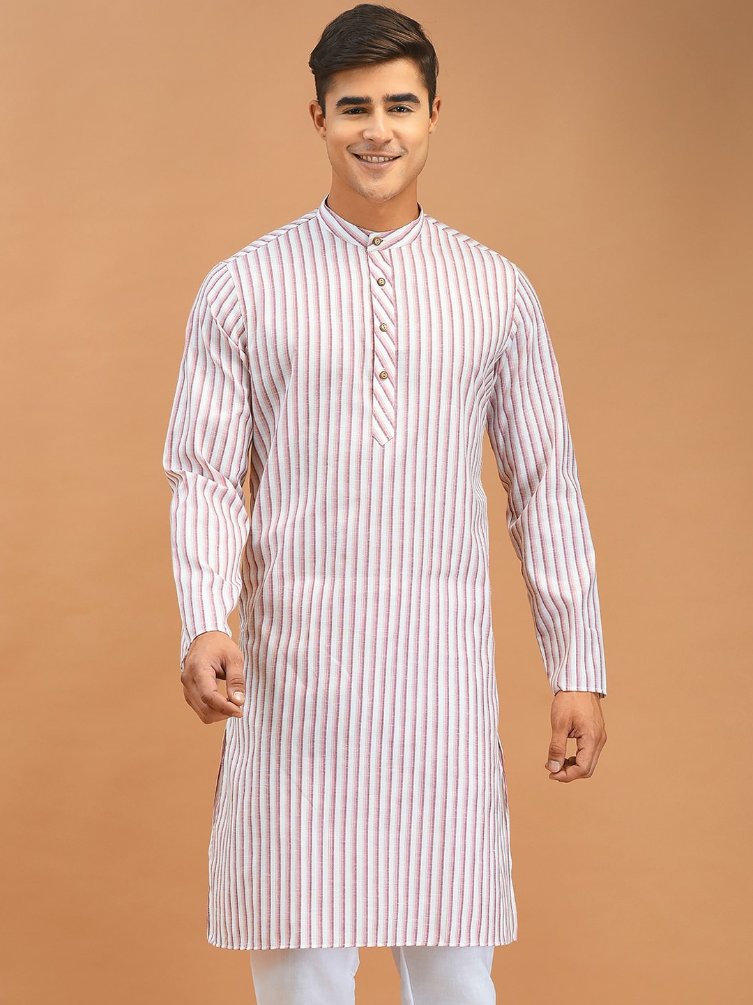

DEYANN Striped Band Collar Cotton Kurta, White