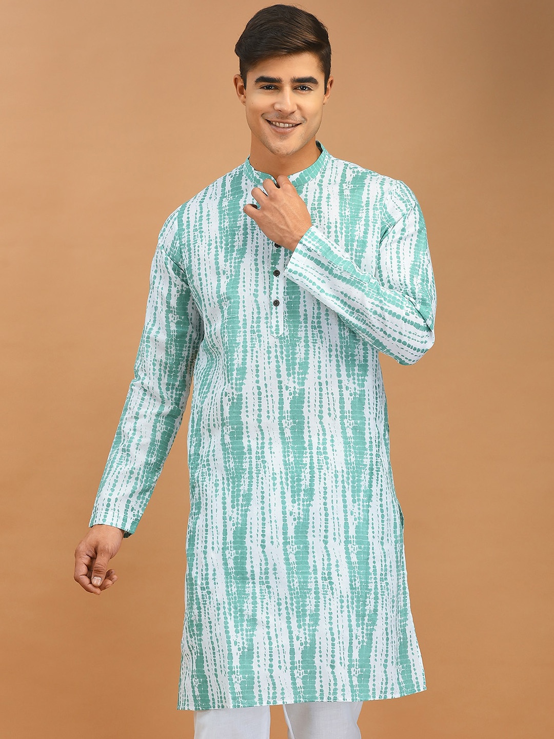 

DEYANN Abstract Printed Mandarin Collar Cotton Kurta, White