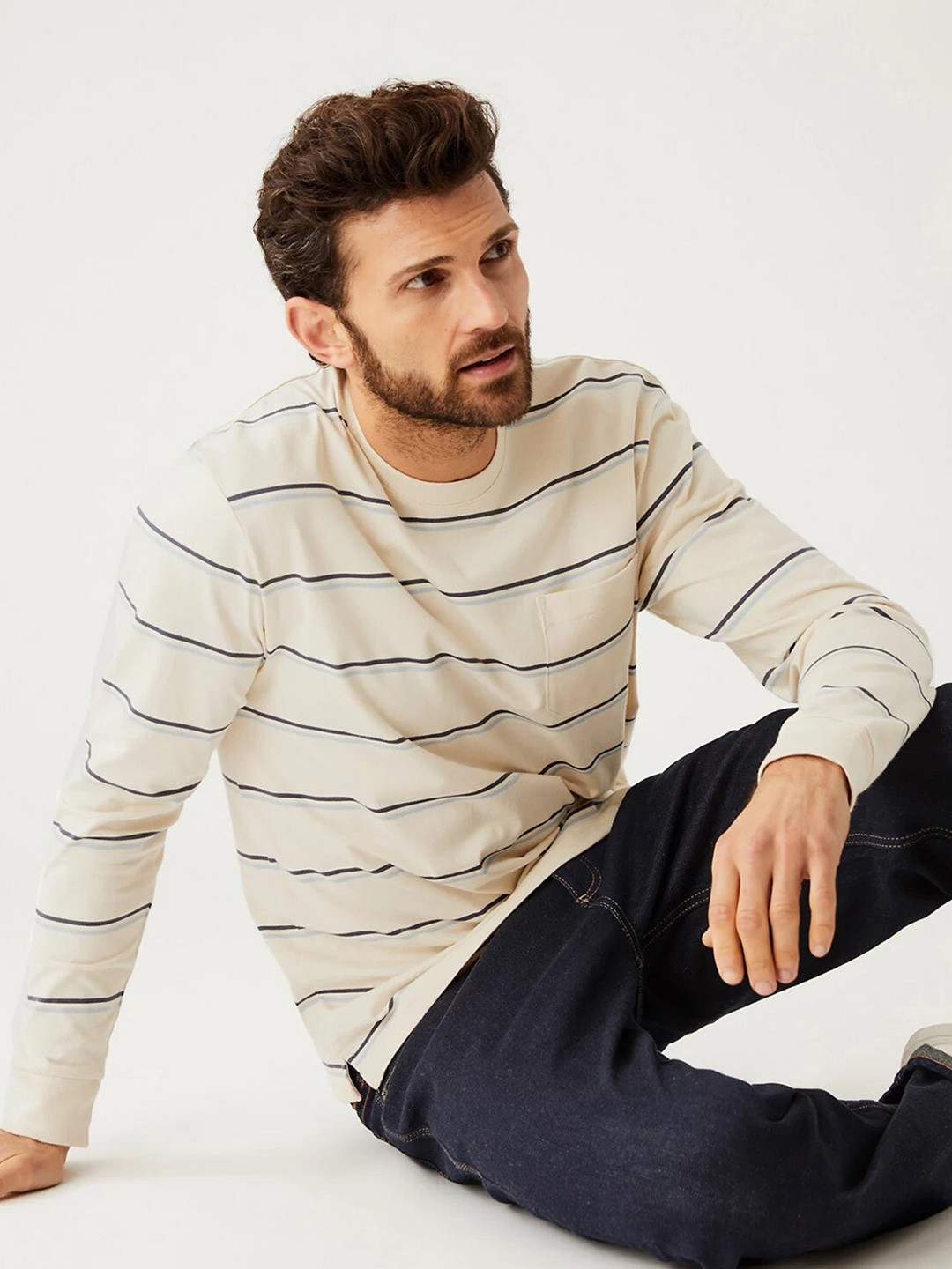 

Marks & Spencer Striped Pure Cotton T-shirt, Cream