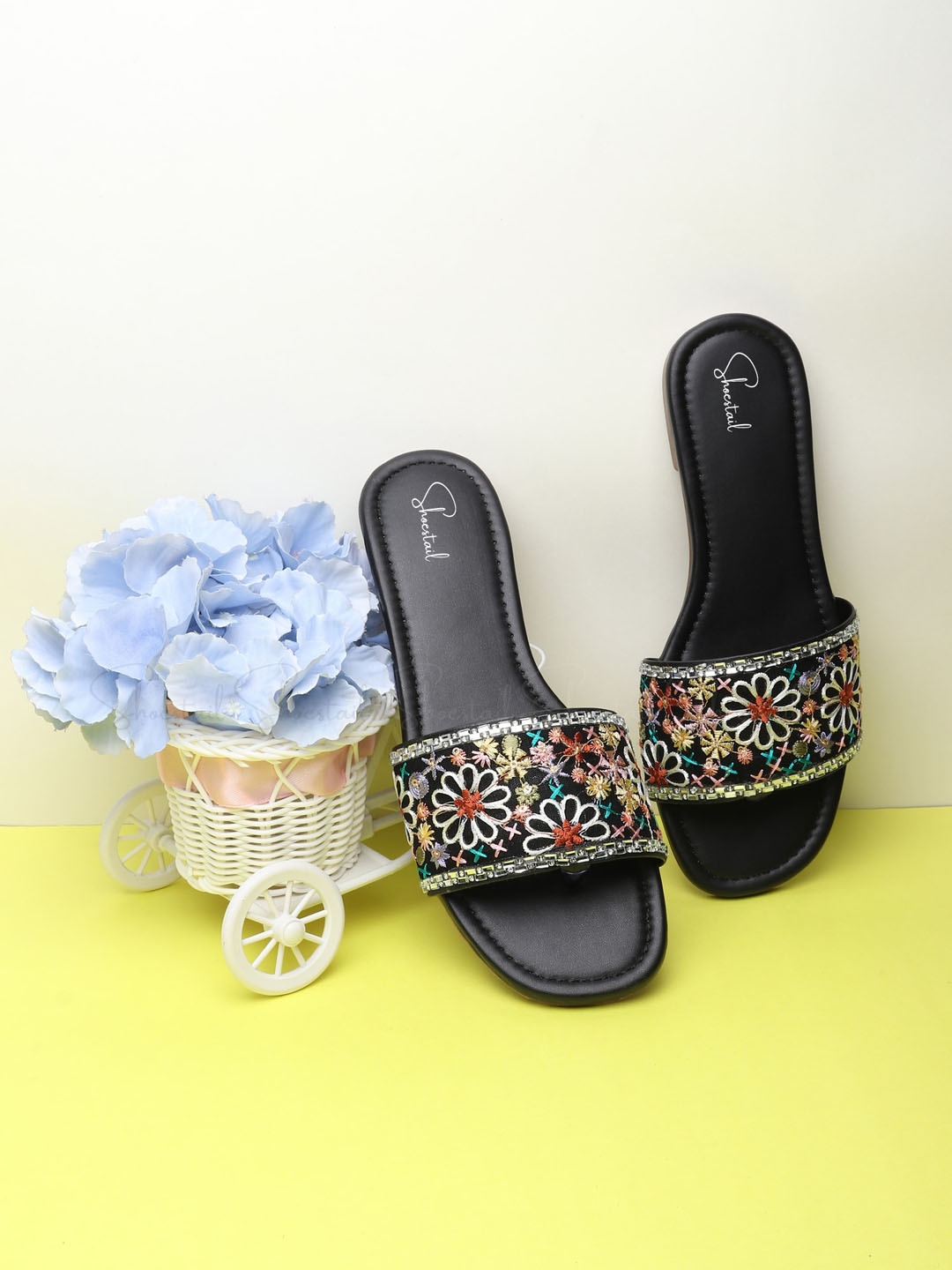 

Shoestail Embroidered Open Toe Flats, Black