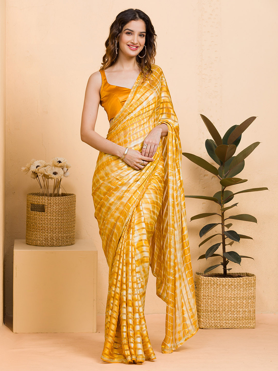 

Koskii Tie & Dye Beads and Stones Work Saree, Yellow